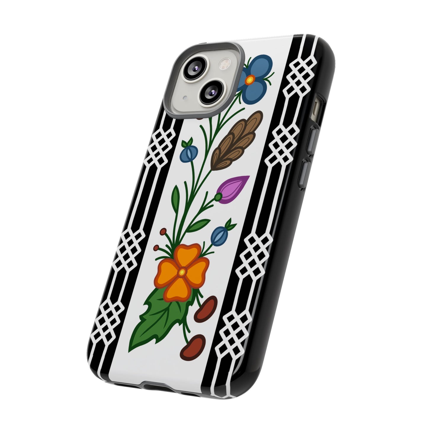 Ojibwe Floral Panel & Otter Track Geometric Border - Tough Phone Cases - Black