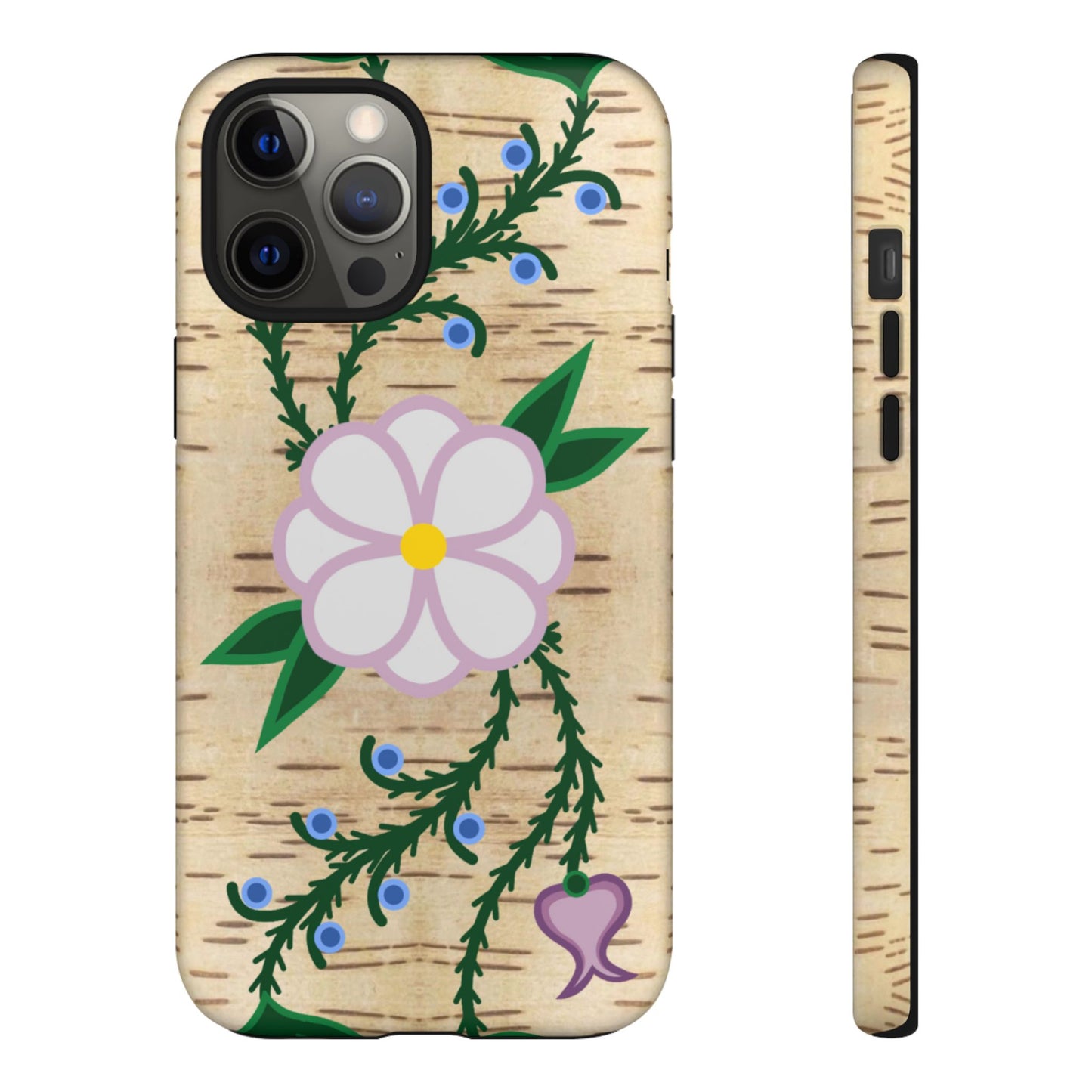 Birchbark Print Ojibwe Floral Tough Phone Cases - Black