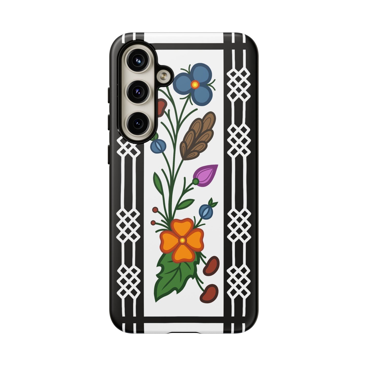 Ojibwe Floral Panel & Otter Track Geometric Border - Tough Phone Cases - Black