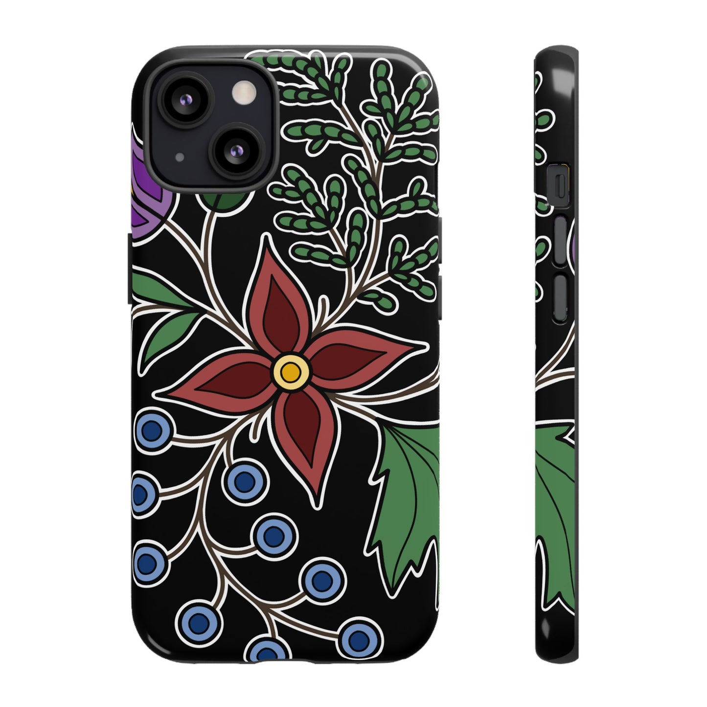 Giizhik (Cedar) & Miinan (Blueberries) Ojibwe Floral Tough Phone Cases - Black