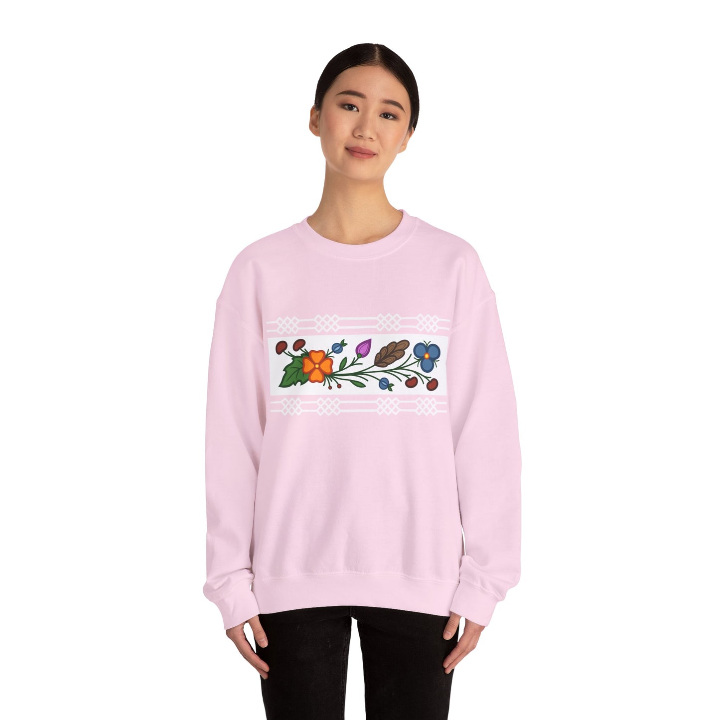 Ojibwe Floral Panel & Otter Track Border Design - Unisex Gildan Heavy Blend™ Crewneck Sweatshirt