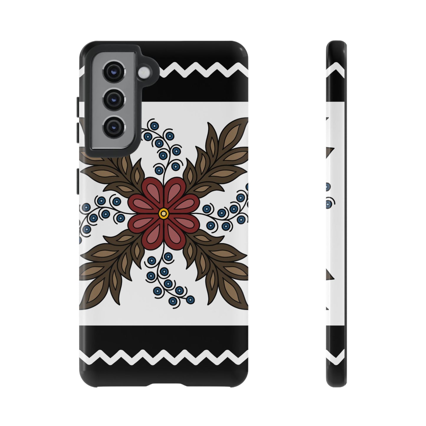 Traditional Style Ojibwe Floral Design With Zig-Zag Geometric Border Design - Tough Phone Cases - Black