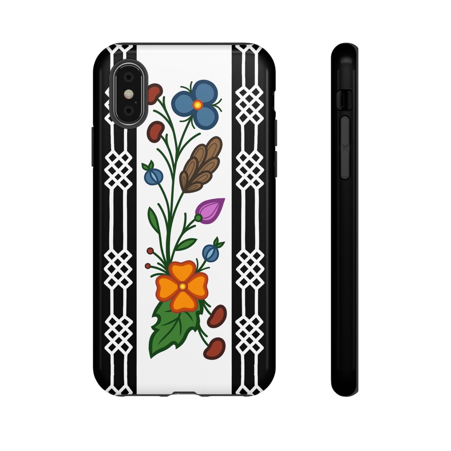 Ojibwe Floral Panel & Otter Track Geometric Border - Tough Phone Cases - Black