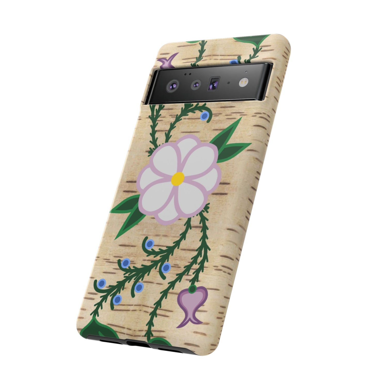 Birchbark Print Ojibwe Floral Tough Phone Cases - Black