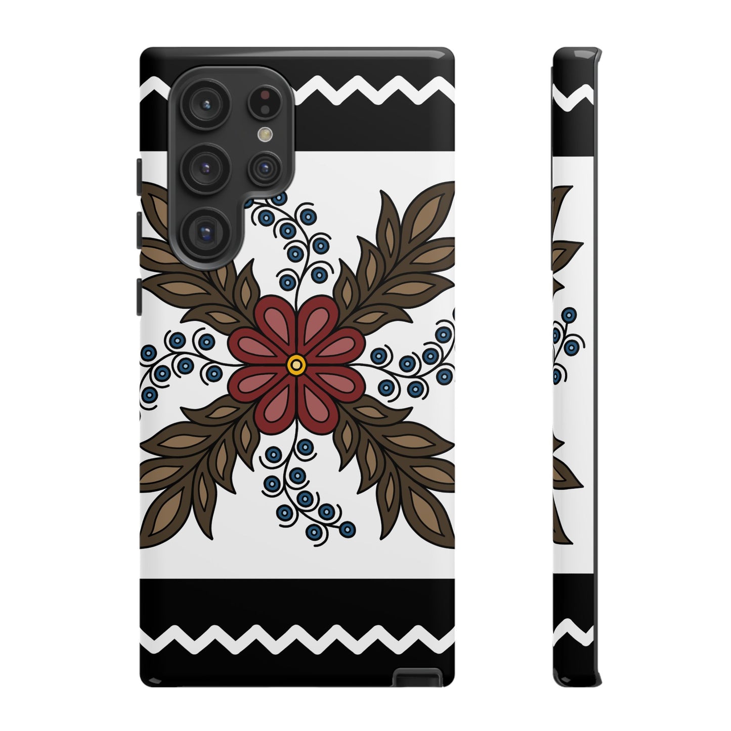 Traditional Style Ojibwe Floral Design With Zig-Zag Geometric Border Design - Tough Phone Cases - Black