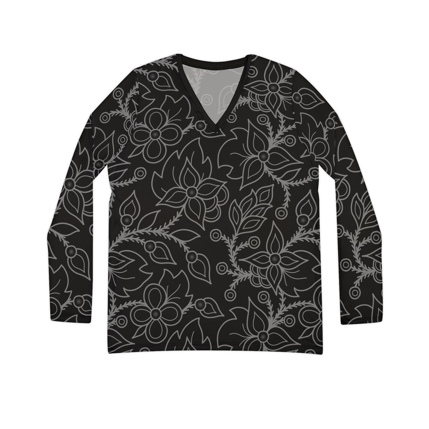 Woodland Ojibwe Floral All-Over-Print Design - Women's Long Sleeve V-neck Shirt - Black