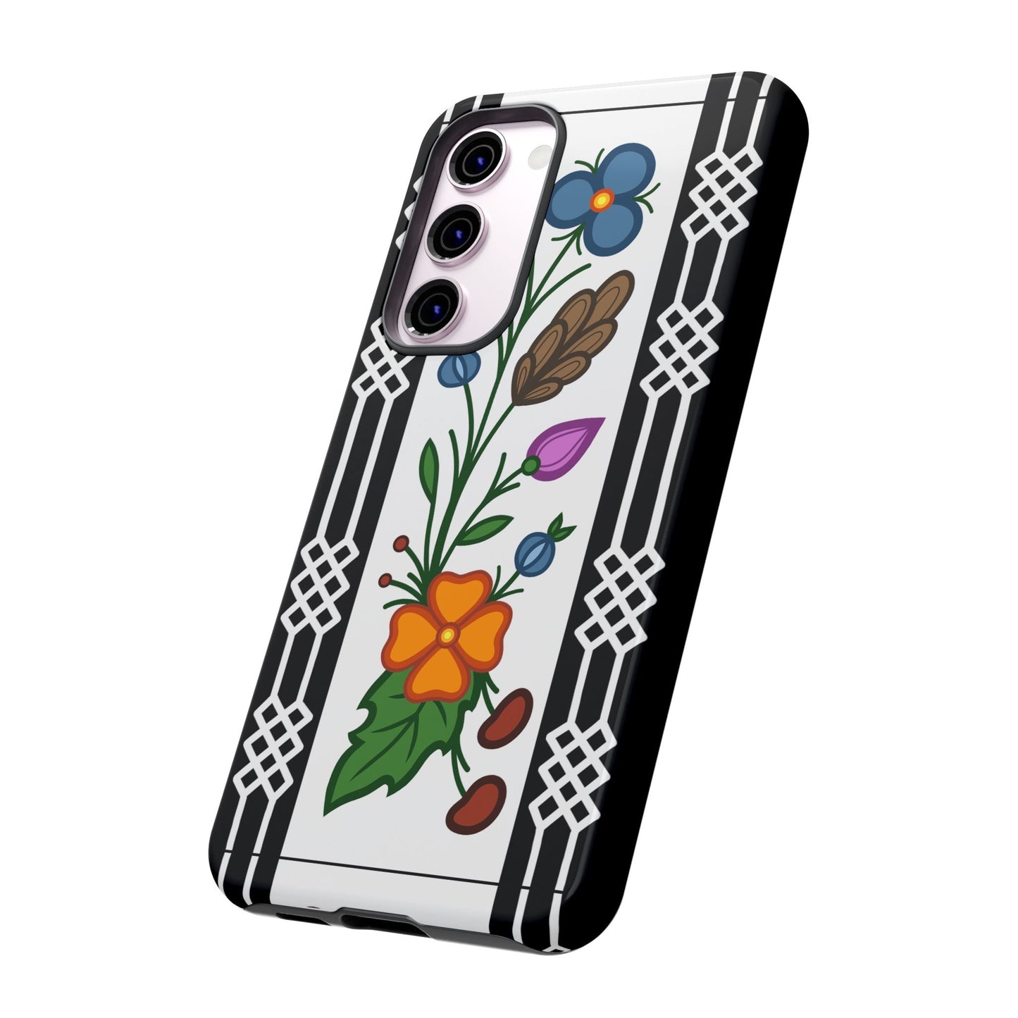 Ojibwe Floral Panel & Otter Track Geometric Border - Tough Phone Cases - Black