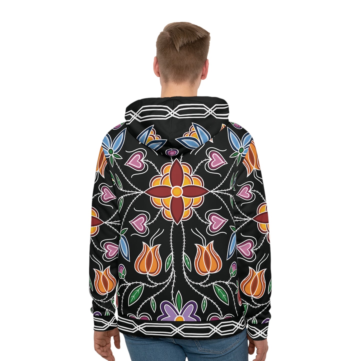 Aazhooningwa’on (bandolier bag) Inspired, Woodland Ojibwe Floral Panel Design with Otter Track Border Design - Unisex Hoodie