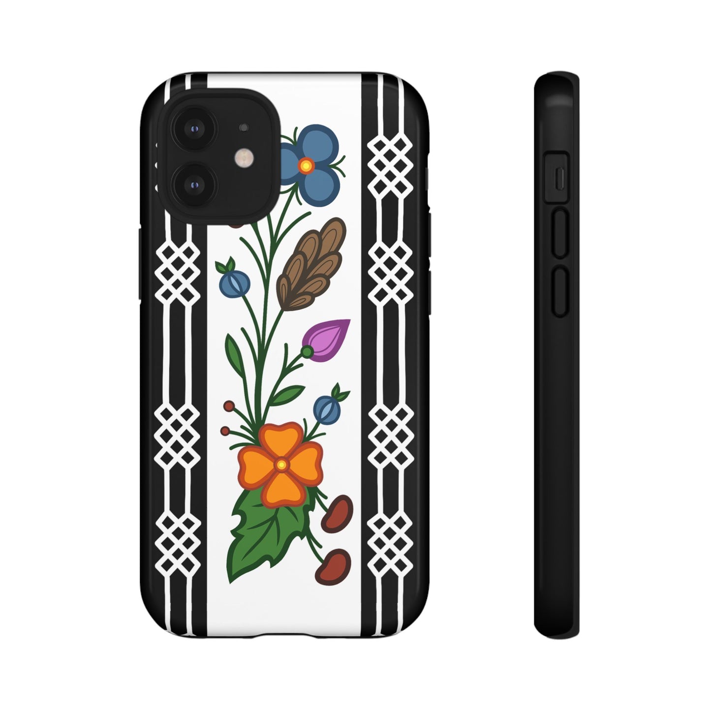 Ojibwe Floral Panel & Otter Track Geometric Border - Tough Phone Cases - Black