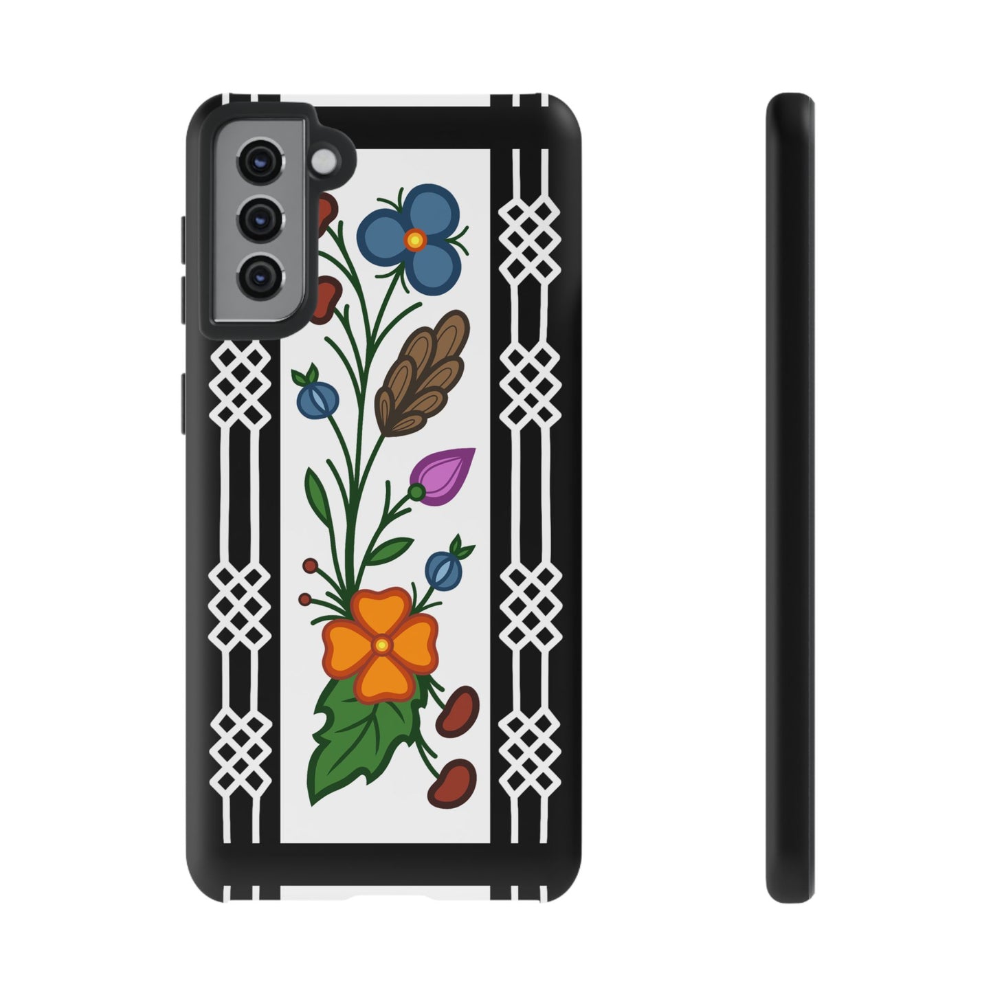 Ojibwe Floral Panel & Otter Track Geometric Border - Tough Phone Cases - Black