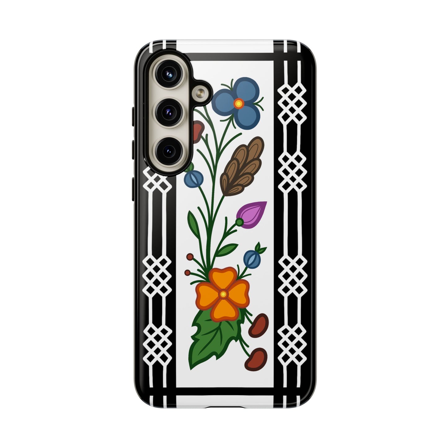 Ojibwe Floral Panel & Otter Track Geometric Border - Tough Phone Cases - Black