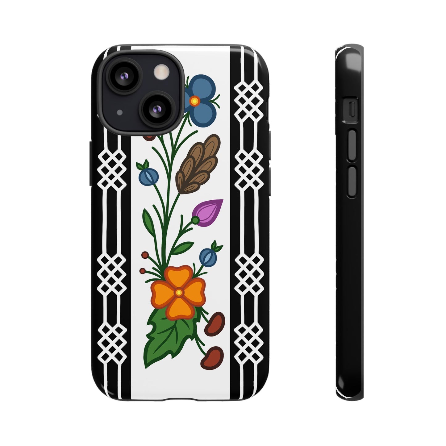 Ojibwe Floral Panel & Otter Track Geometric Border - Tough Phone Cases - Black