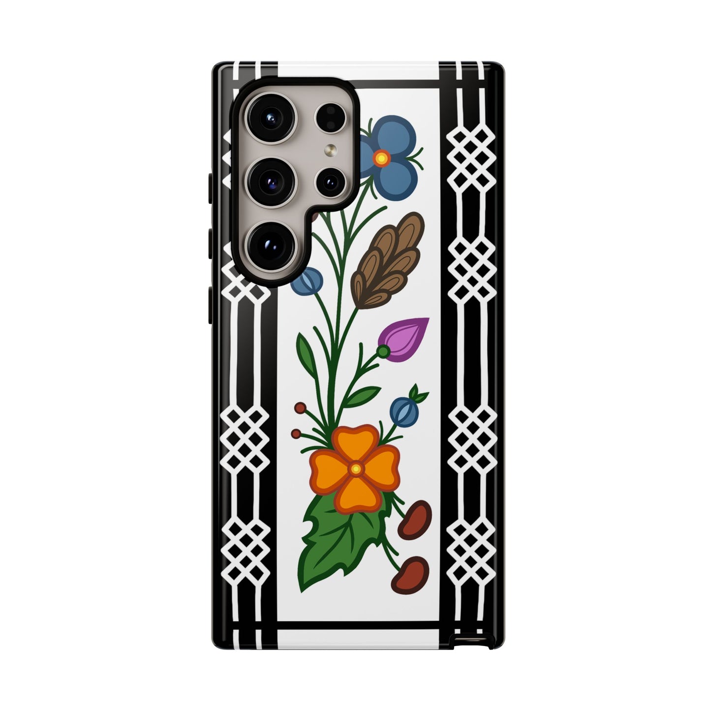 Ojibwe Floral Panel & Otter Track Geometric Border - Tough Phone Cases - Black