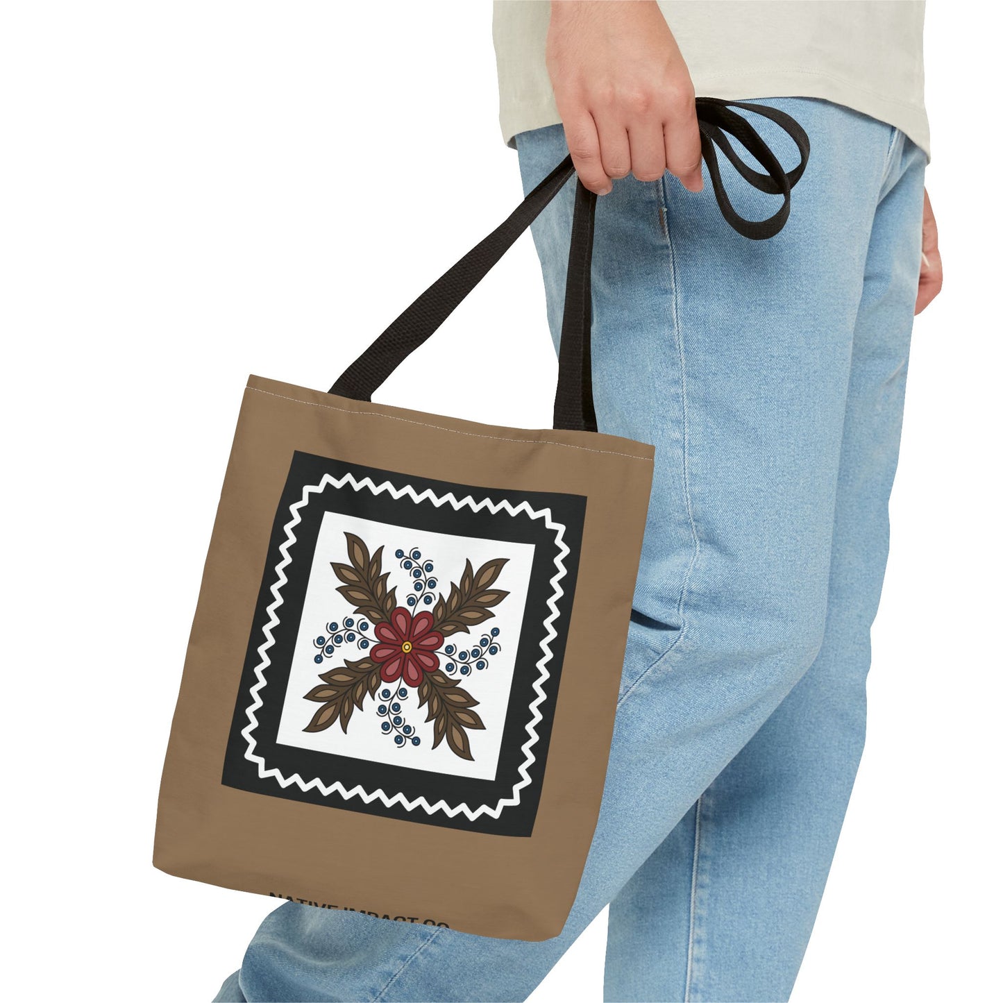 Traditional Style Ojibwe Floral With Zig-Zag Geometric Border Design - Tote Bag