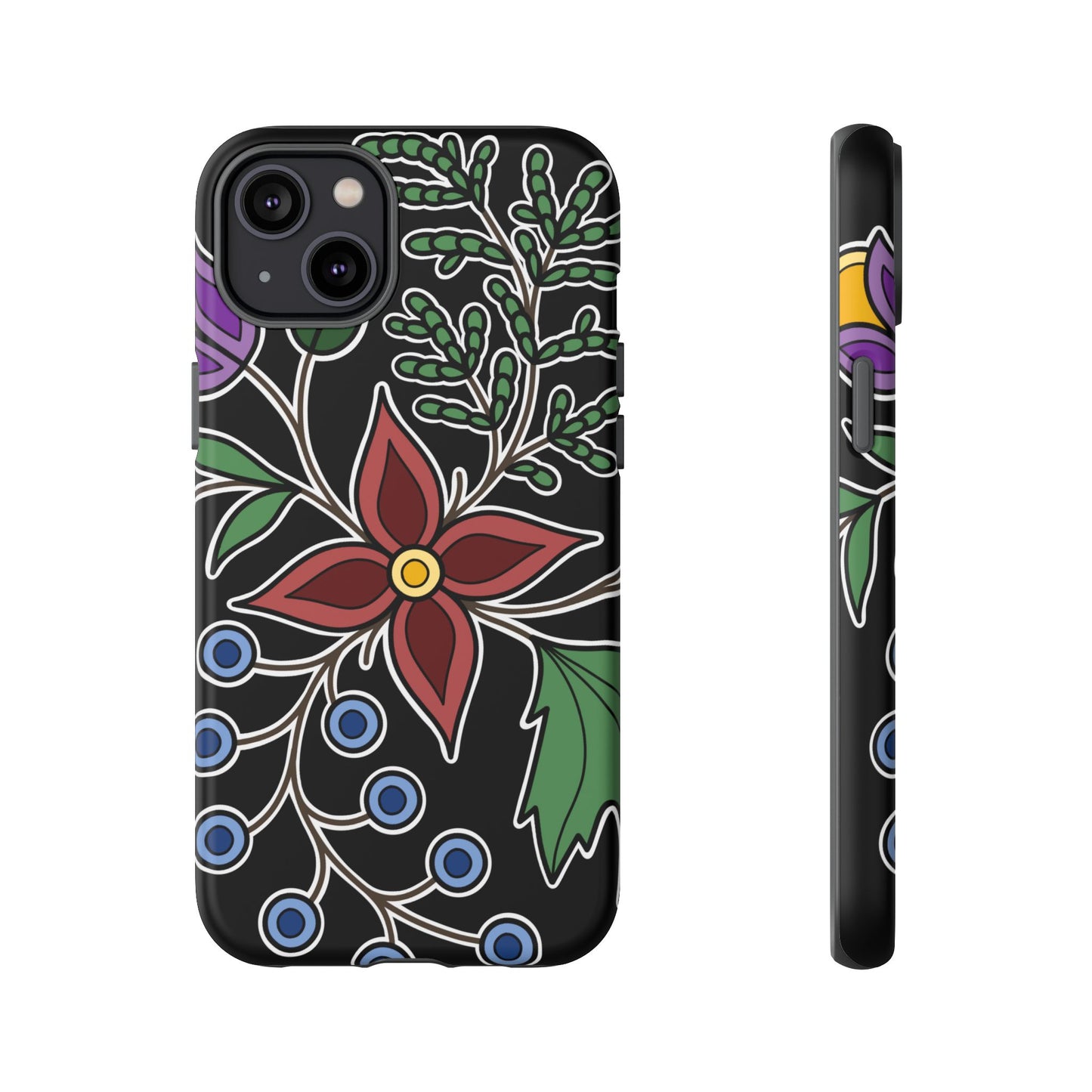 Giizhik (Cedar) & Miinan (Blueberries) Ojibwe Floral Tough Phone Cases - Black