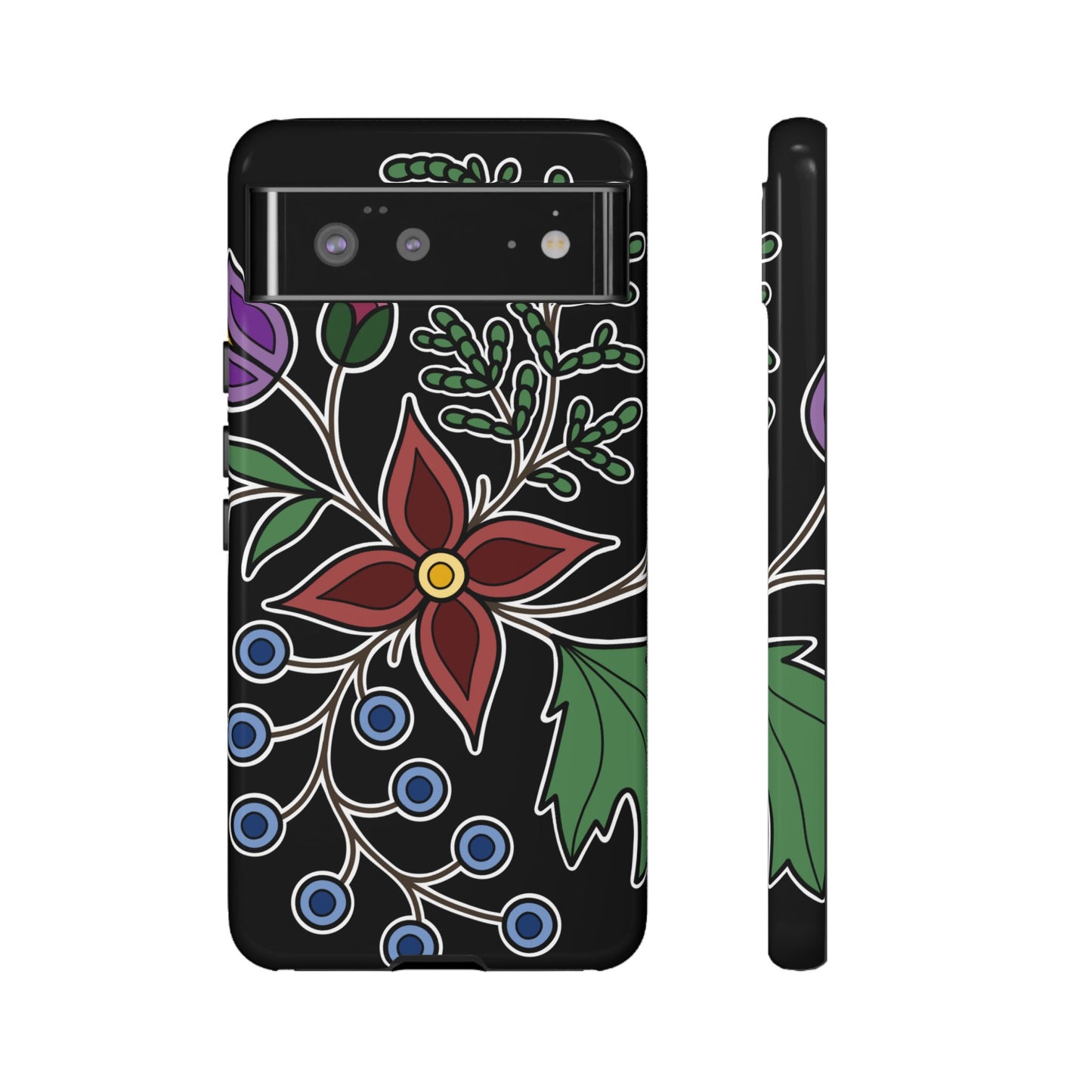 Giizhik (Cedar) & Miinan (Blueberries) Ojibwe Floral Tough Phone Cases - Black