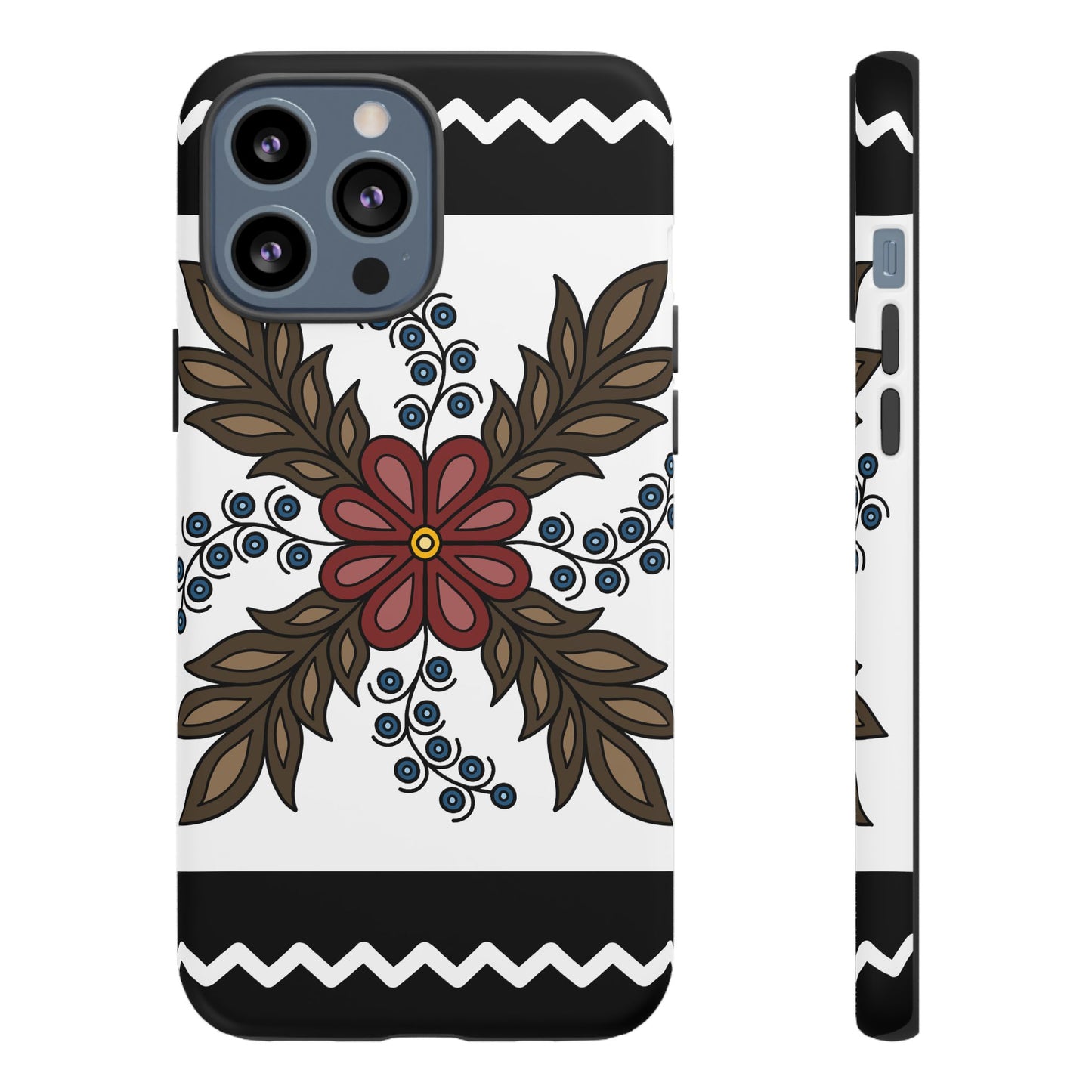 Traditional Style Ojibwe Floral Design With Zig-Zag Geometric Border Design - Tough Phone Cases - Black