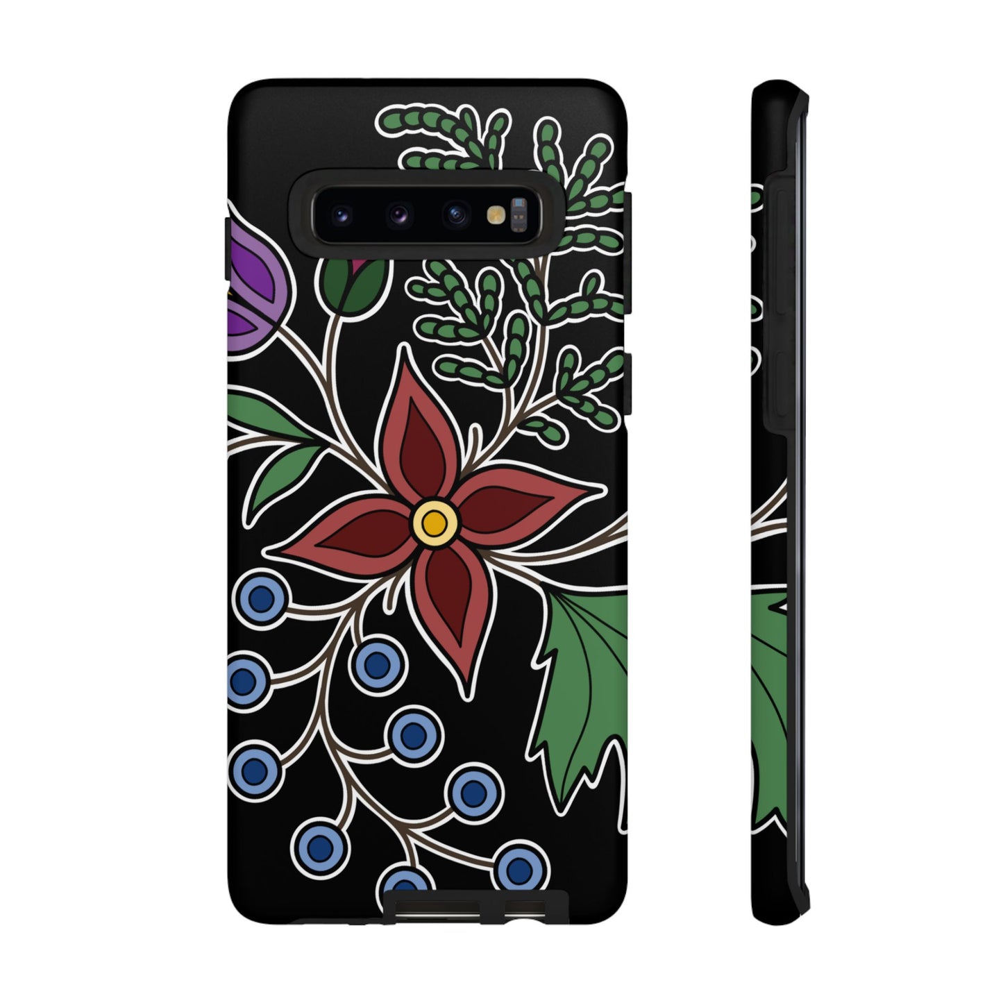 Giizhik (Cedar) & Miinan (Blueberries) Ojibwe Floral Tough Phone Cases - Black