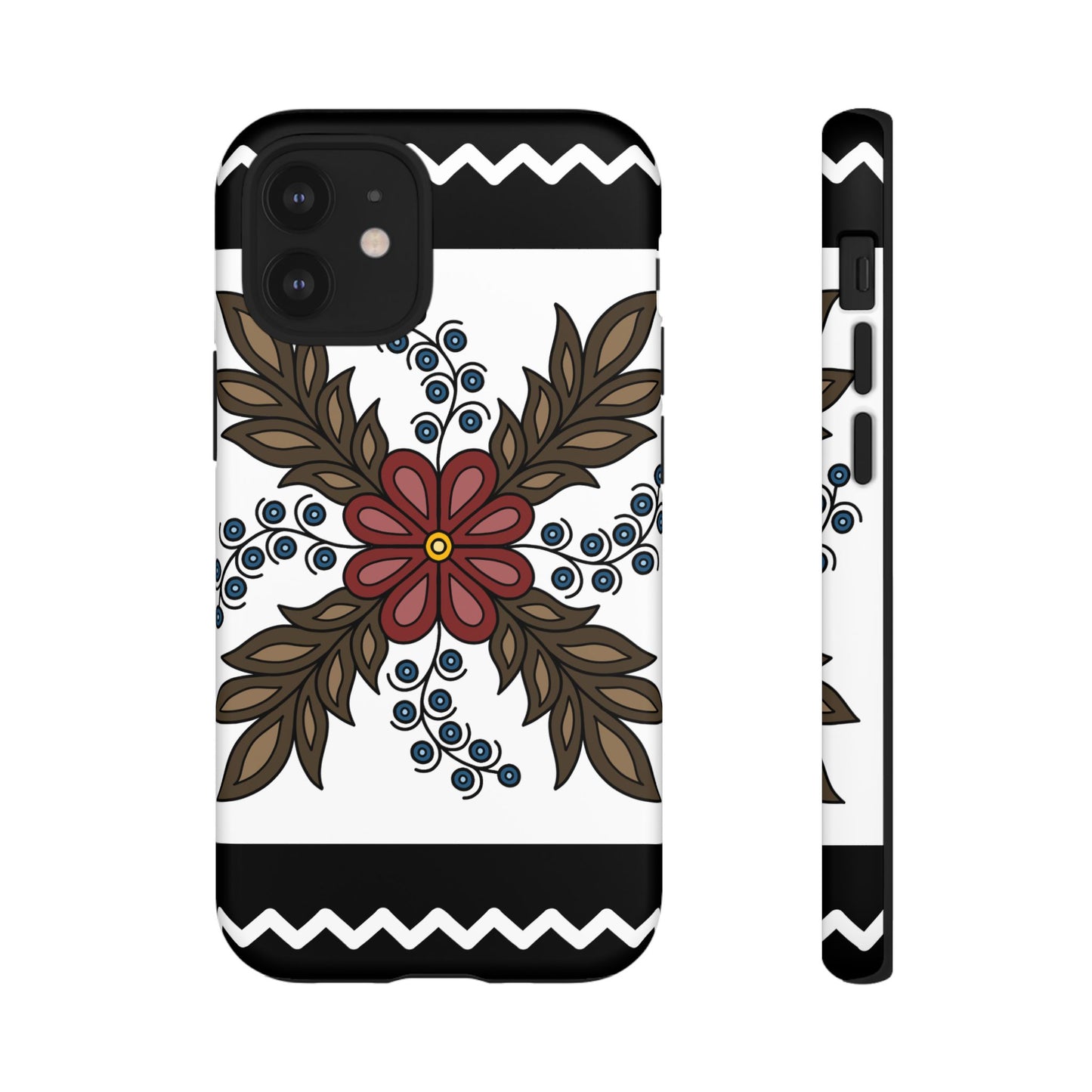 Traditional Style Ojibwe Floral Design With Zig-Zag Geometric Border Design - Tough Phone Cases - Black