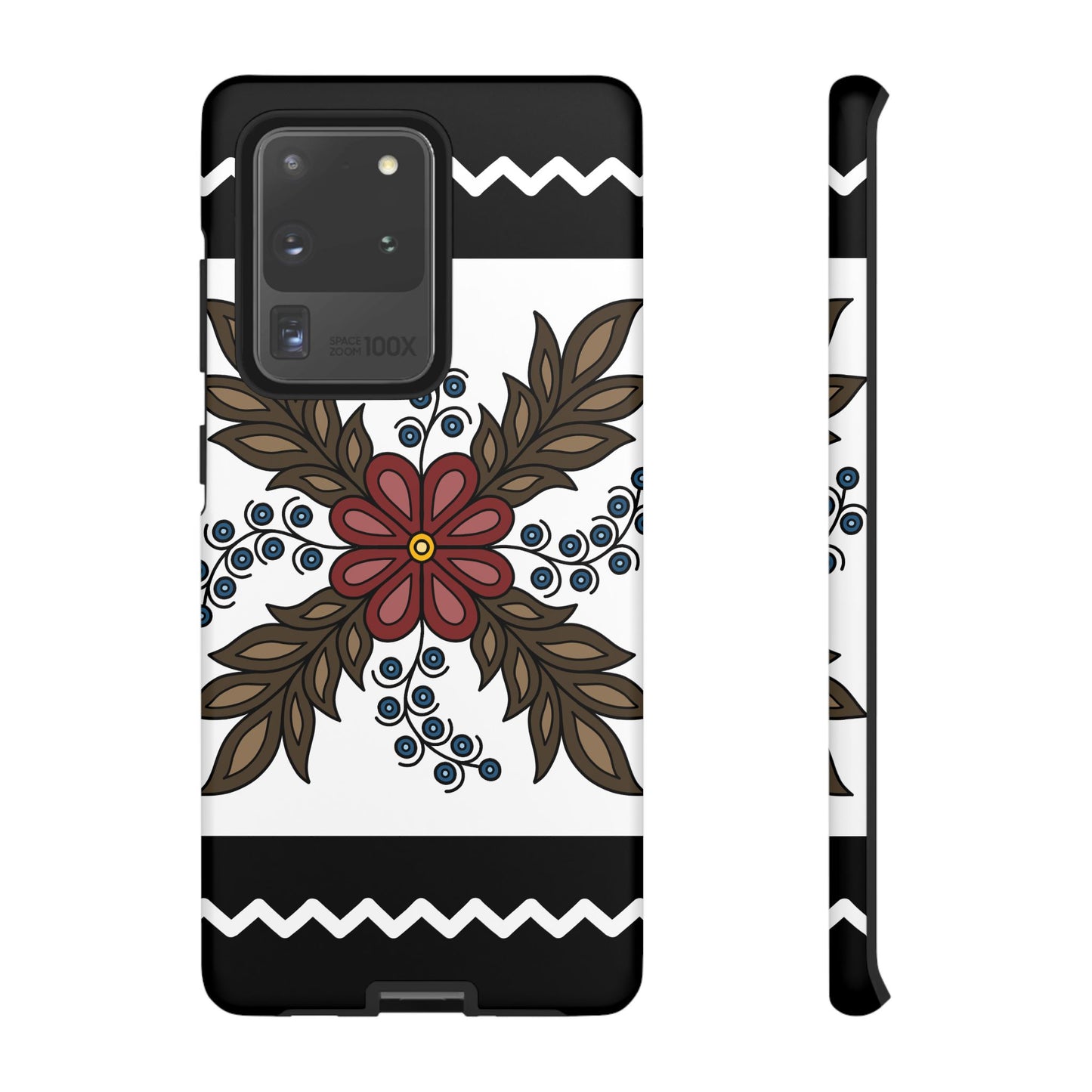 Traditional Style Ojibwe Floral Design With Zig-Zag Geometric Border Design - Tough Phone Cases - Black