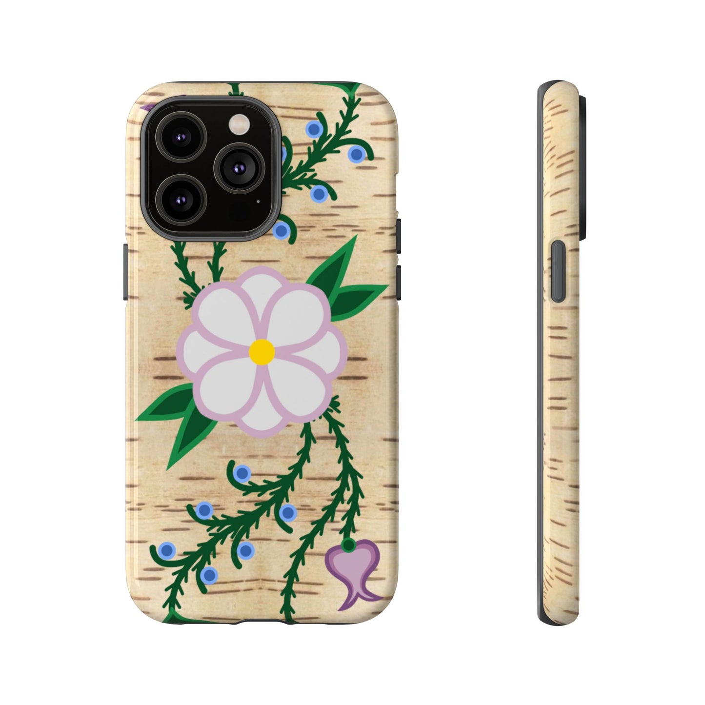 Birchbark Print Ojibwe Floral Tough Phone Cases - Black