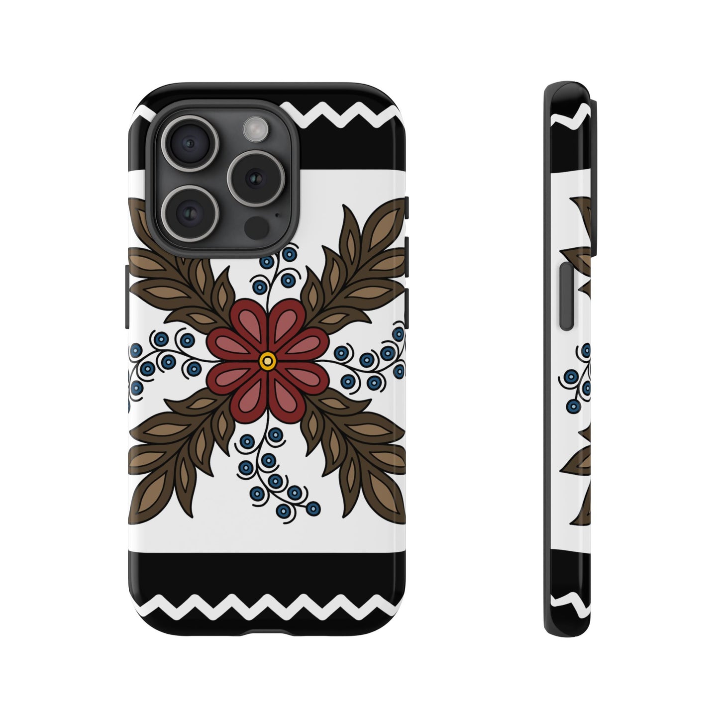 Traditional Style Ojibwe Floral Design With Zig-Zag Geometric Border Design - Tough Phone Cases - Black