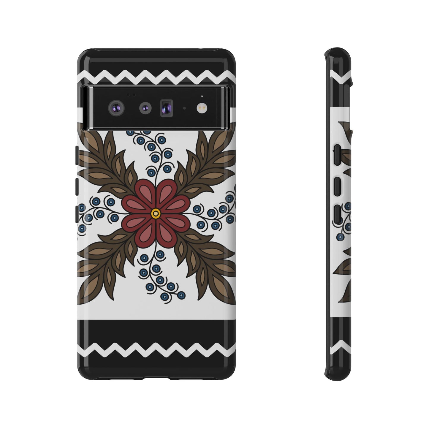 Traditional Style Ojibwe Floral Design With Zig-Zag Geometric Border Design - Tough Phone Cases - Black