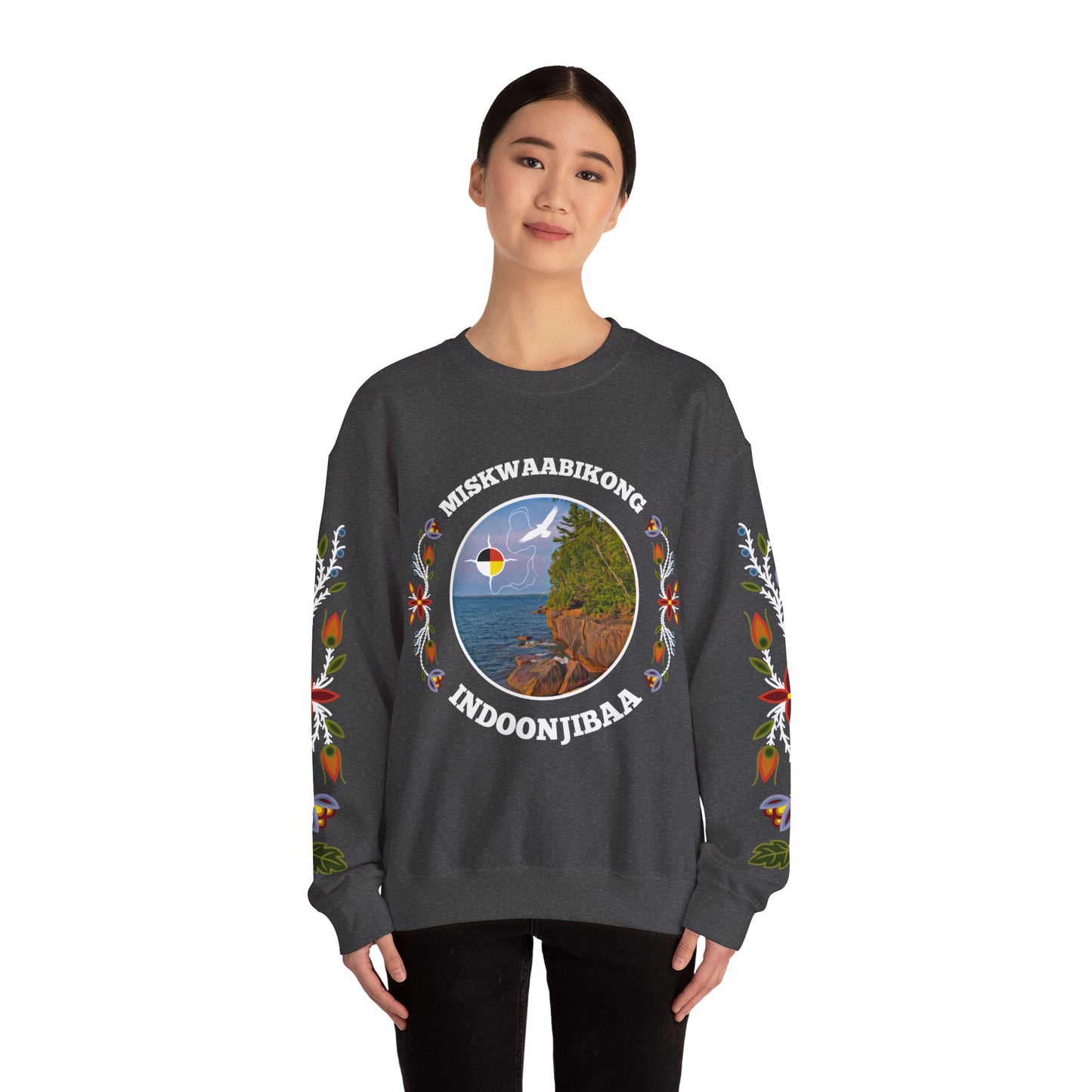 Miskwaabikong Indoonjibaa - Red Cliff Ojibwe Floral Sleeve Design - Unisex Heavy Blend™ Crewneck Sweatshirt