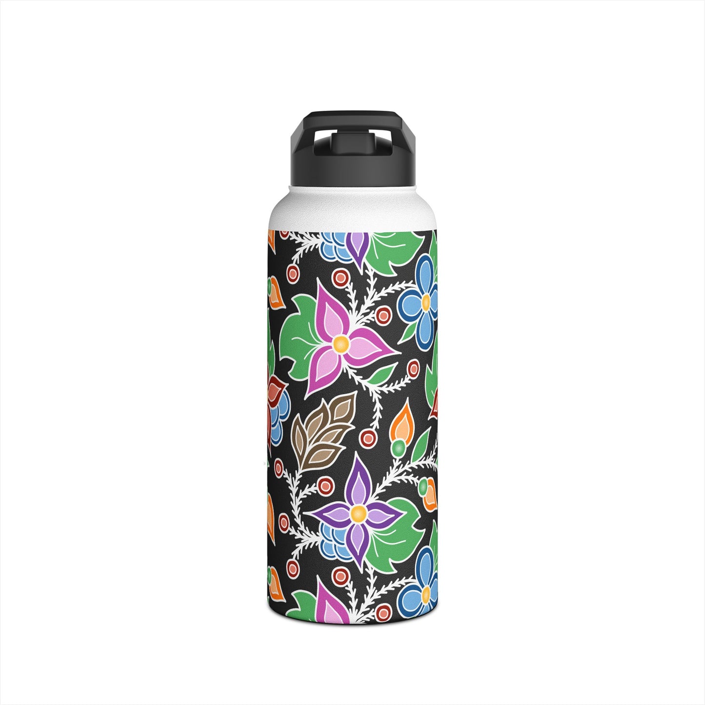 Minikwaajigan/Ojibwemowin For Water Bottle Text - Ojibwe Floral All-Over-Print Design - Stainless Steel Water Bottle, Standard Lid - Colorful