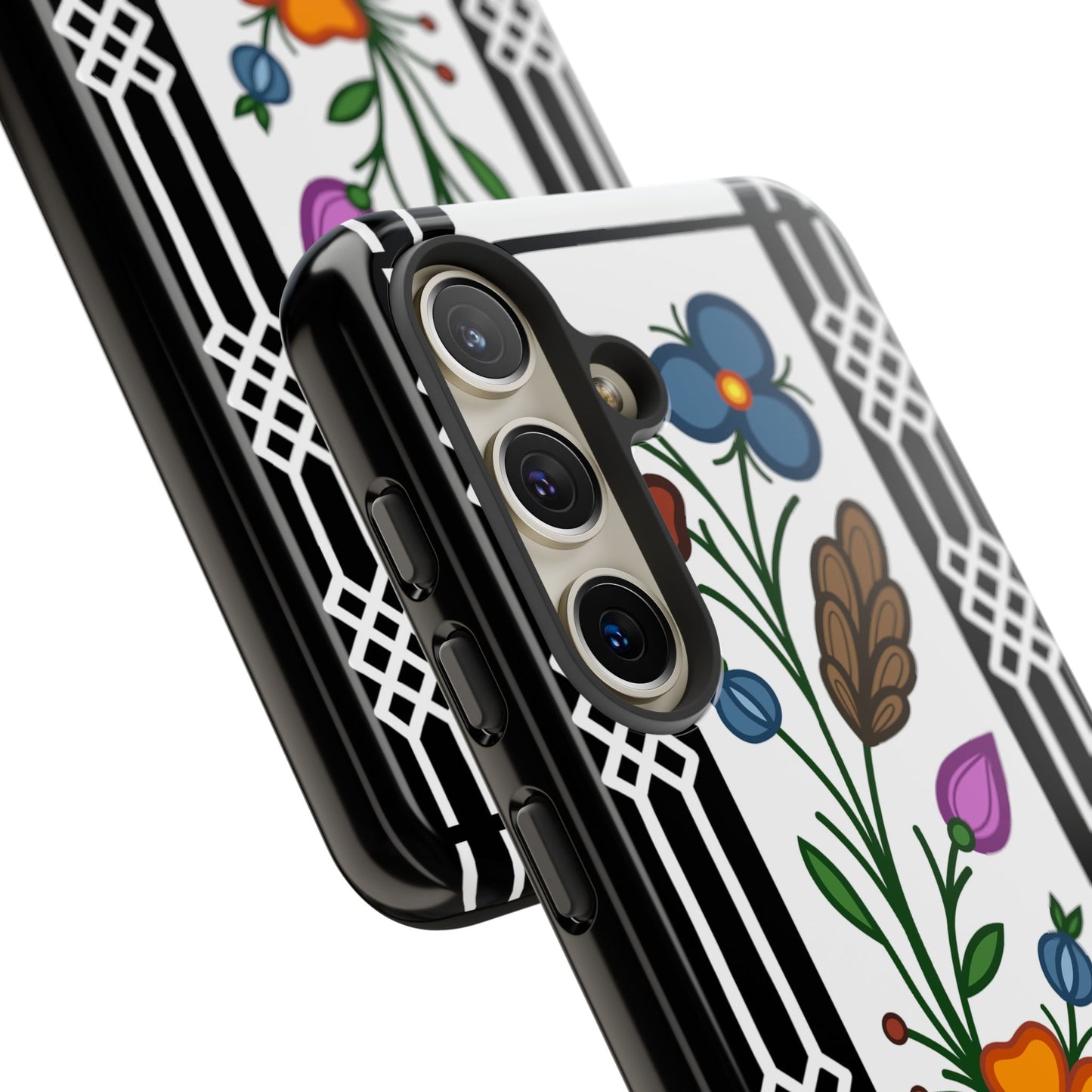 Ojibwe Floral Panel & Otter Track Geometric Border - Tough Phone Cases - Black