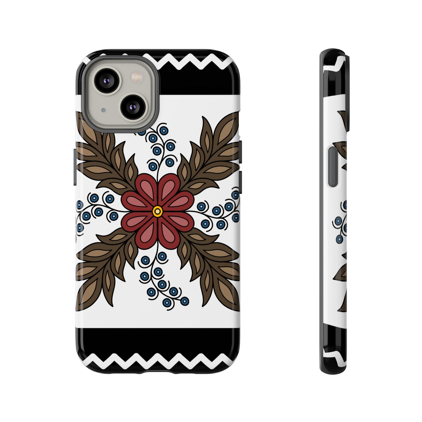 Traditional Style Ojibwe Floral Design With Zig-Zag Geometric Border Design - Tough Phone Cases - Black