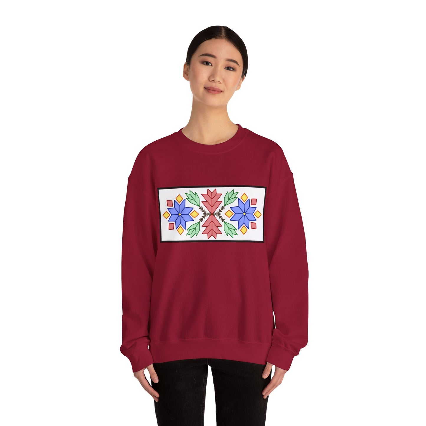 Loom Beadwork Inspired Geometric Ojibwe Floral Design - Unisex Gildan Heavy Blend™ Crewneck Sweatshirt