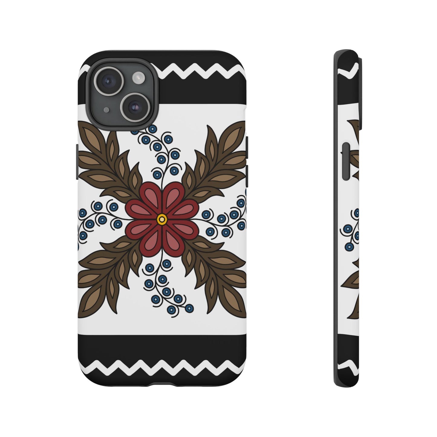 Traditional Style Ojibwe Floral Design With Zig-Zag Geometric Border Design - Tough Phone Cases - Black