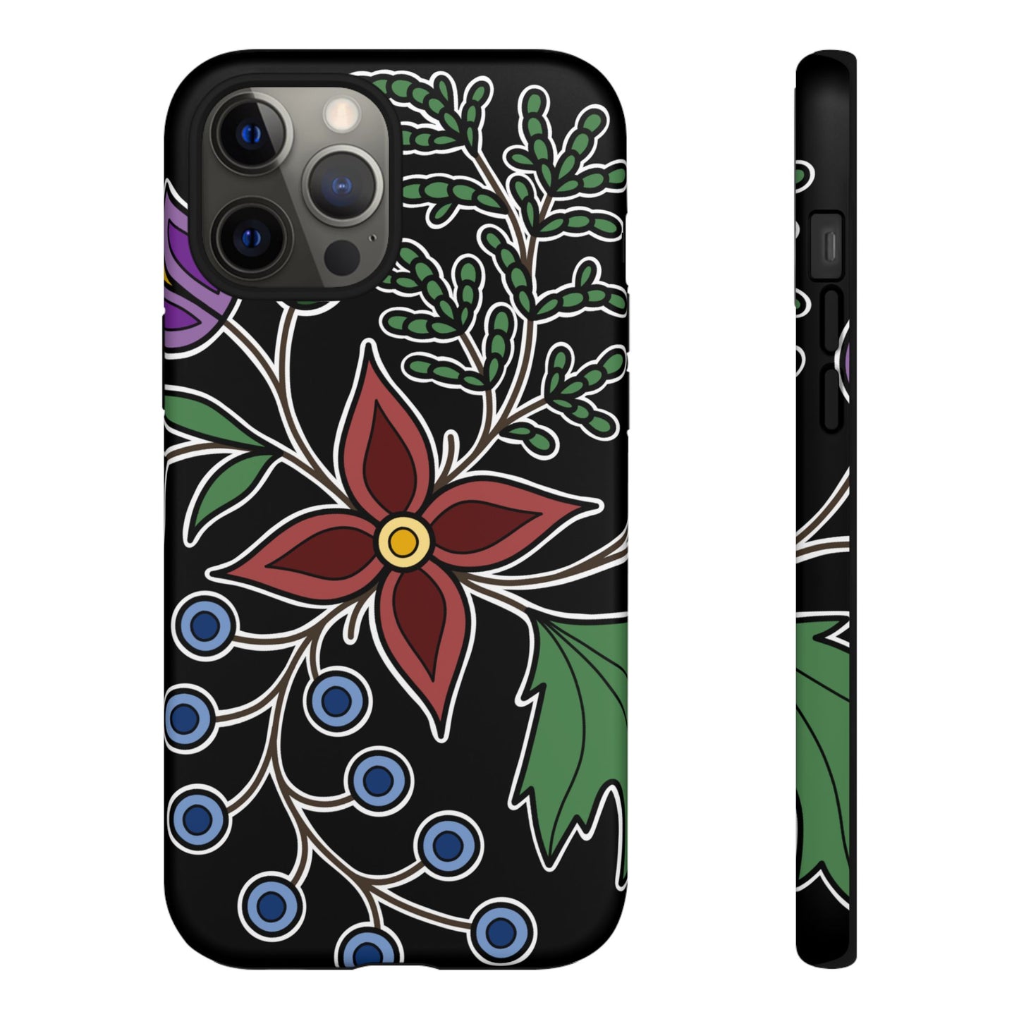 Giizhik (Cedar) & Miinan (Blueberries) Ojibwe Floral Tough Phone Cases - Black