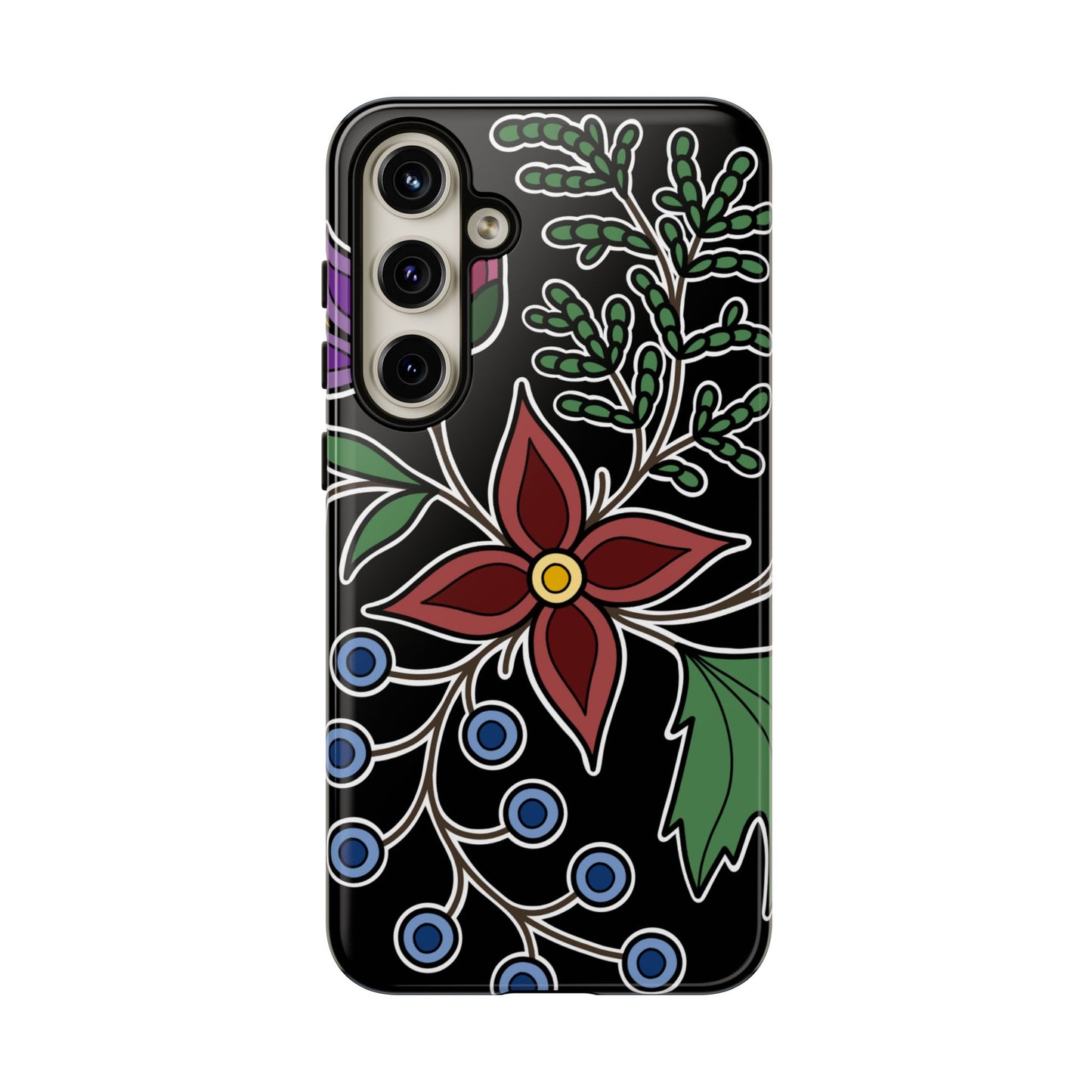 Giizhik (Cedar) & Miinan (Blueberries) Ojibwe Floral Tough Phone Cases - Black