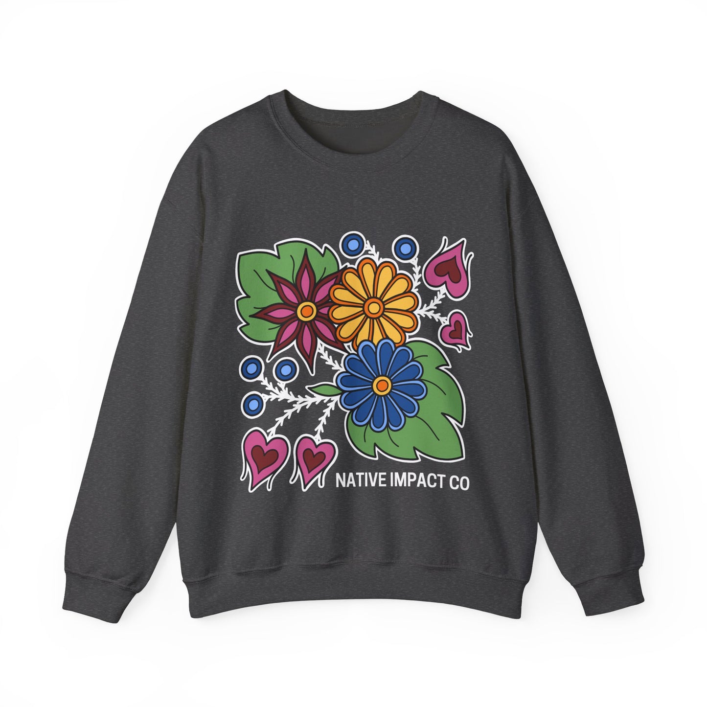 Hearts & Berries Contemporary Ojibwe Floral Design - Unisex Gildan Heavy Blend™ Crewneck Sweatshirt