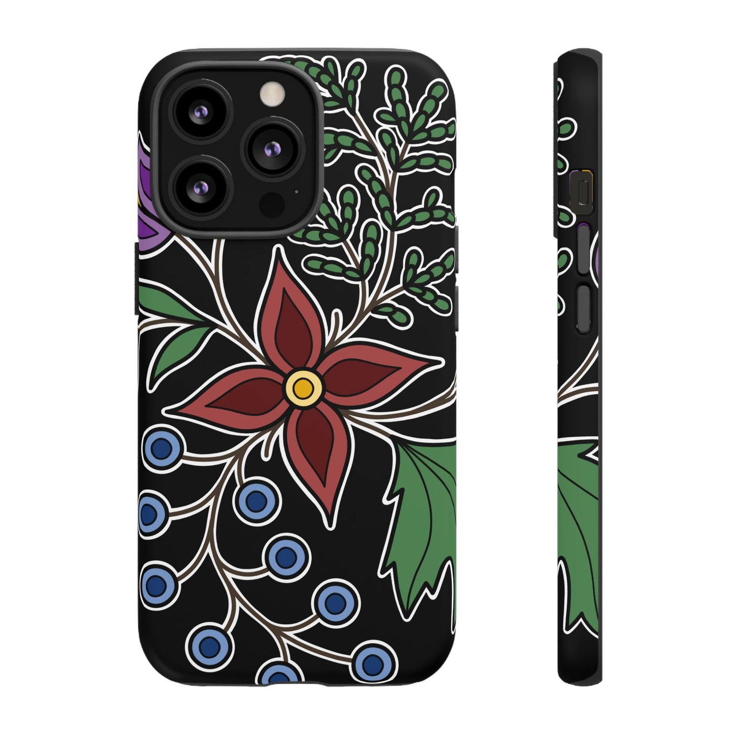 Giizhik (Cedar) & Miinan (Blueberries) Ojibwe Floral Tough Phone Cases - Black