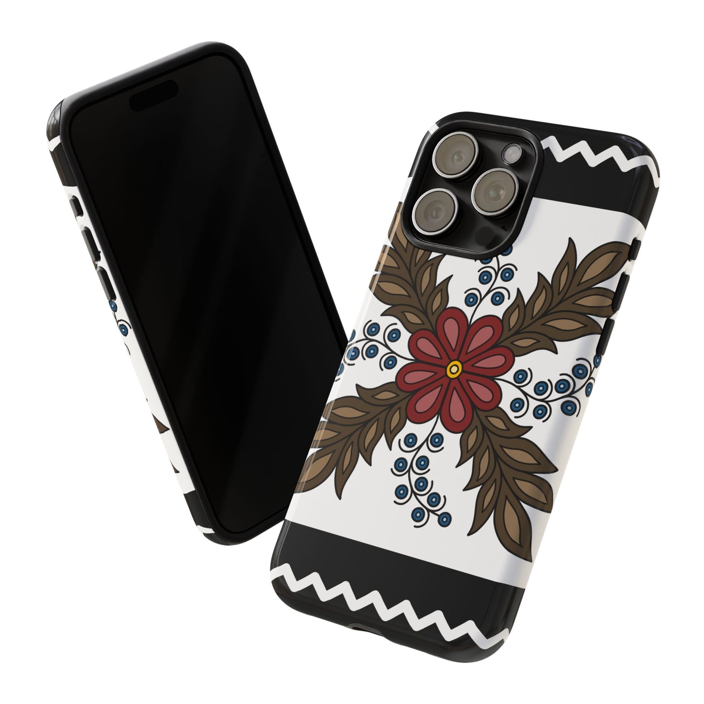 Traditional Style Ojibwe Floral Design With Zig-Zag Geometric Border Design - Tough Phone Cases - Black