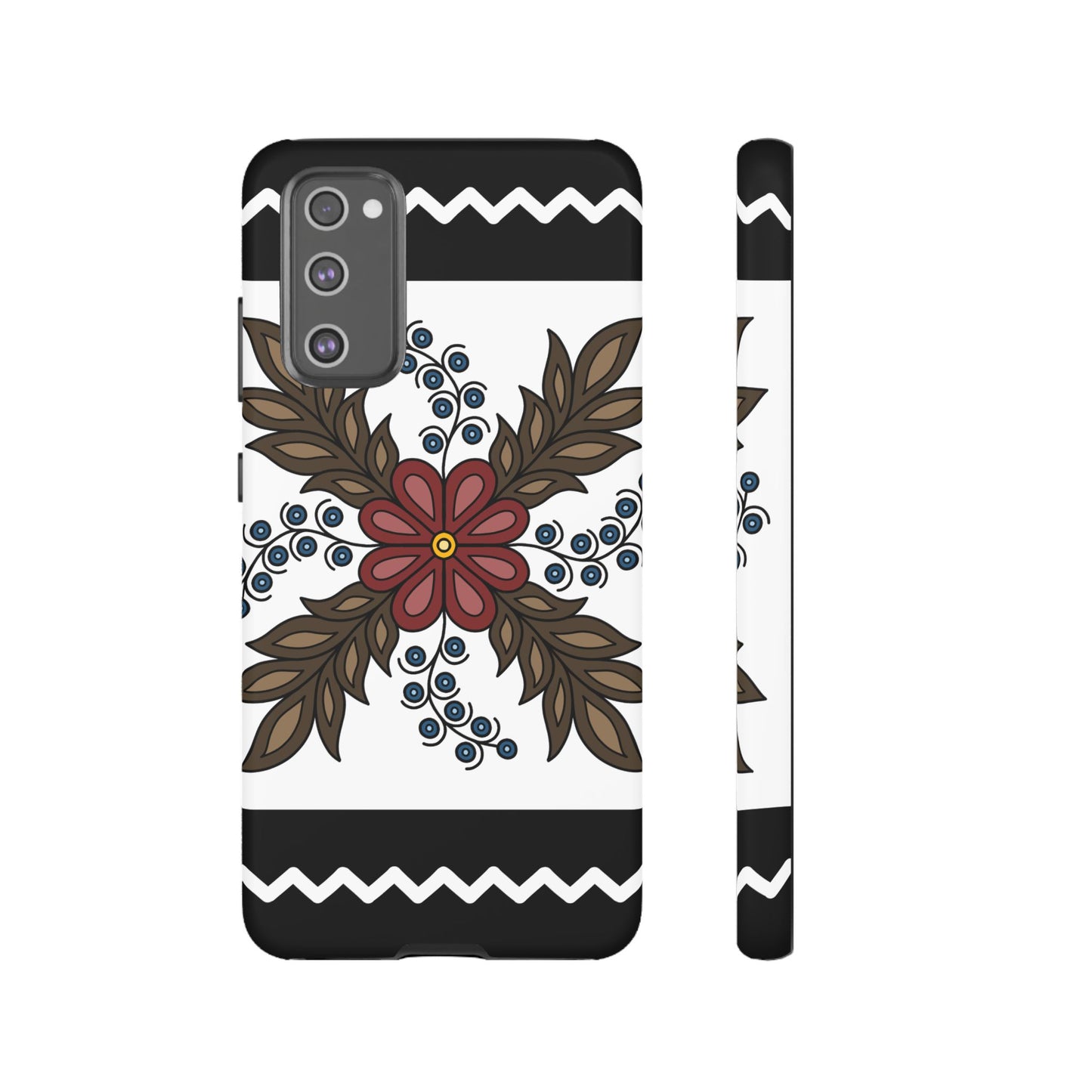 Traditional Style Ojibwe Floral Design With Zig-Zag Geometric Border Design - Tough Phone Cases - Black