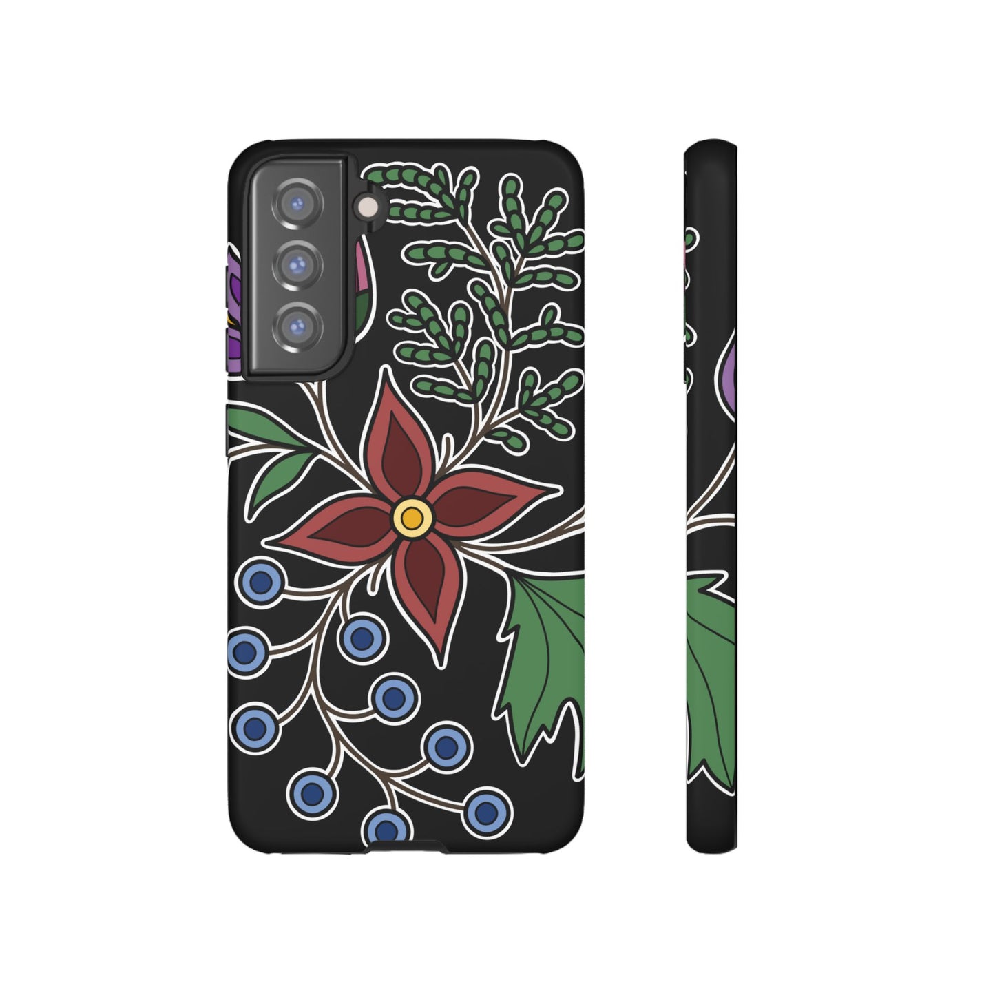 Giizhik (Cedar) & Miinan (Blueberries) Ojibwe Floral Tough Phone Cases - Black