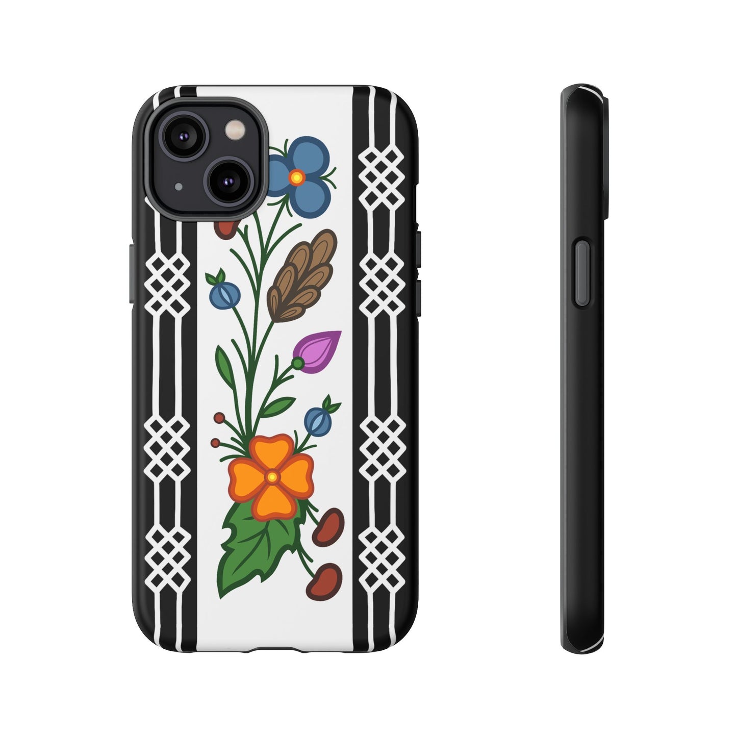 Ojibwe Floral Panel & Otter Track Geometric Border - Tough Phone Cases - Black