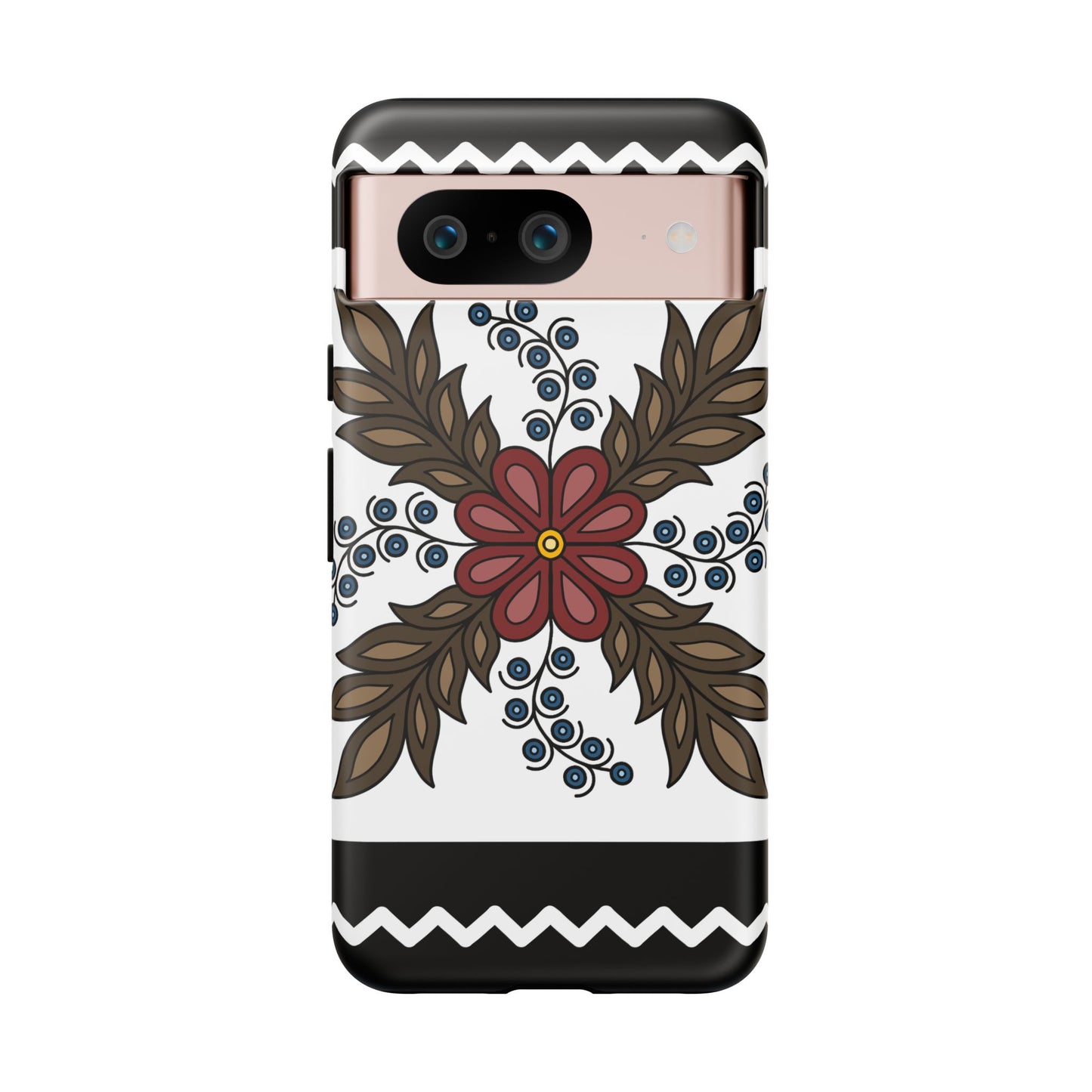 Traditional Style Ojibwe Floral Design With Zig-Zag Geometric Border Design - Tough Phone Cases - Black