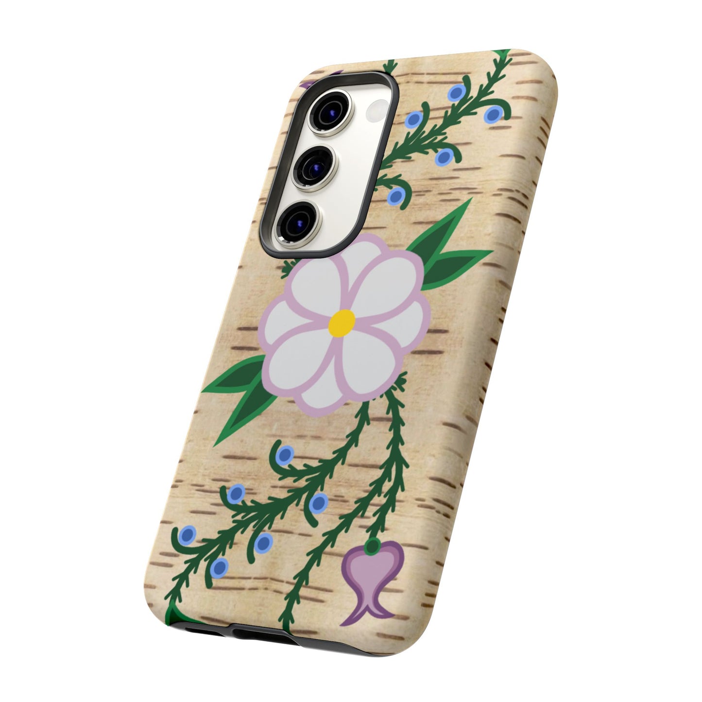 Birchbark Print Ojibwe Floral Tough Phone Cases - Black