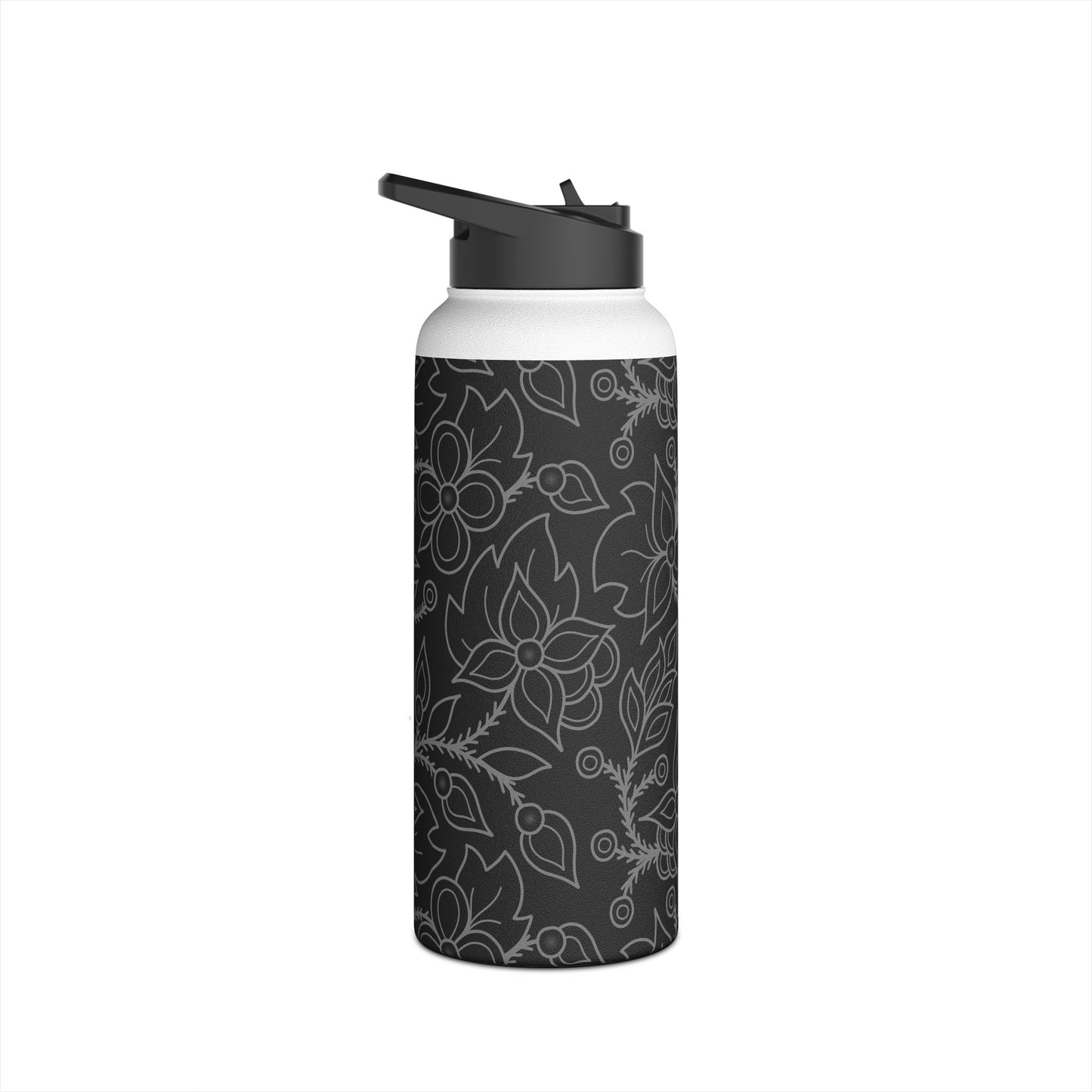 Ojibwe Floral All-Over-Print Design - Stainless Steel Water Bottle, Standard Lid - Black