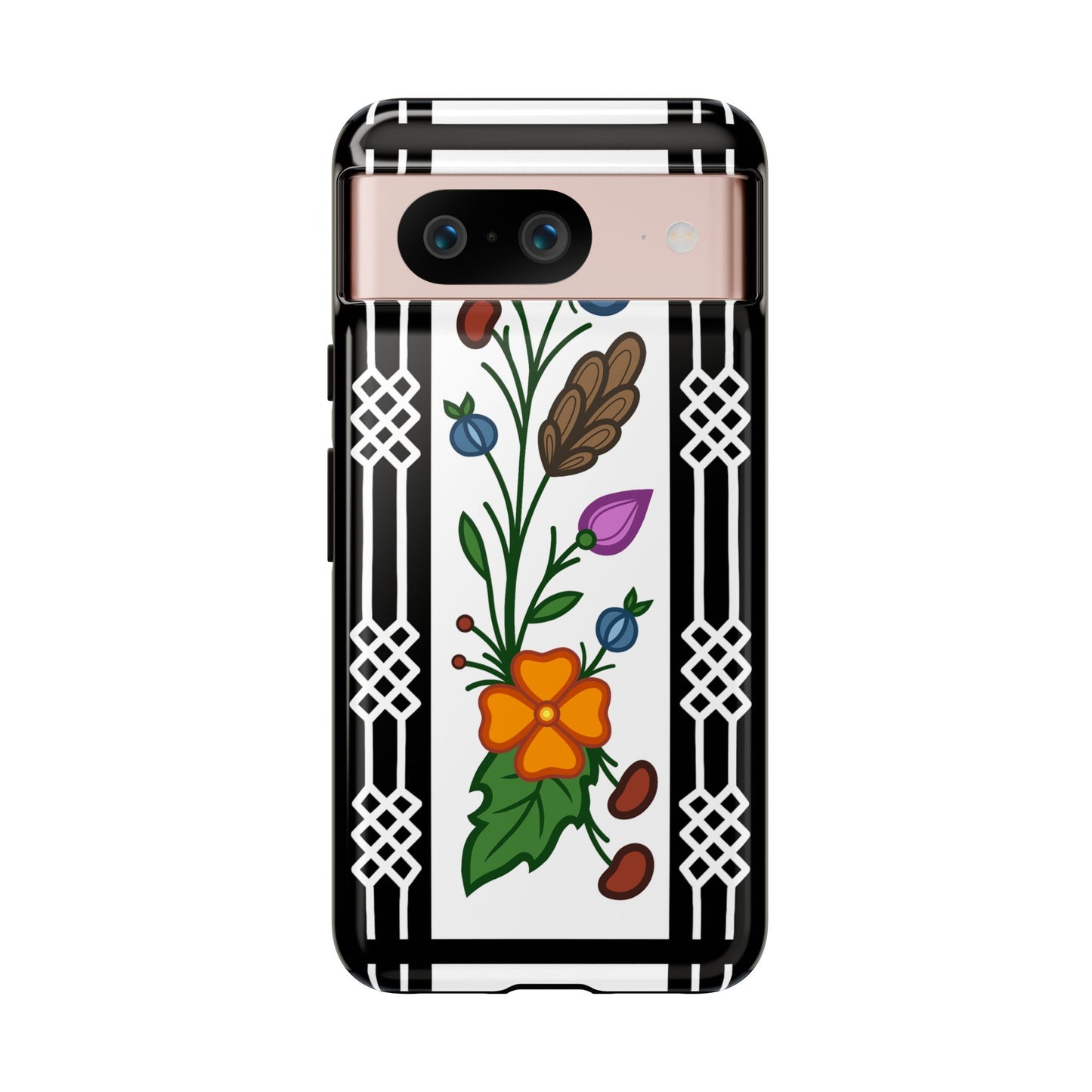 Ojibwe Floral Panel & Otter Track Geometric Border - Tough Phone Cases - Black