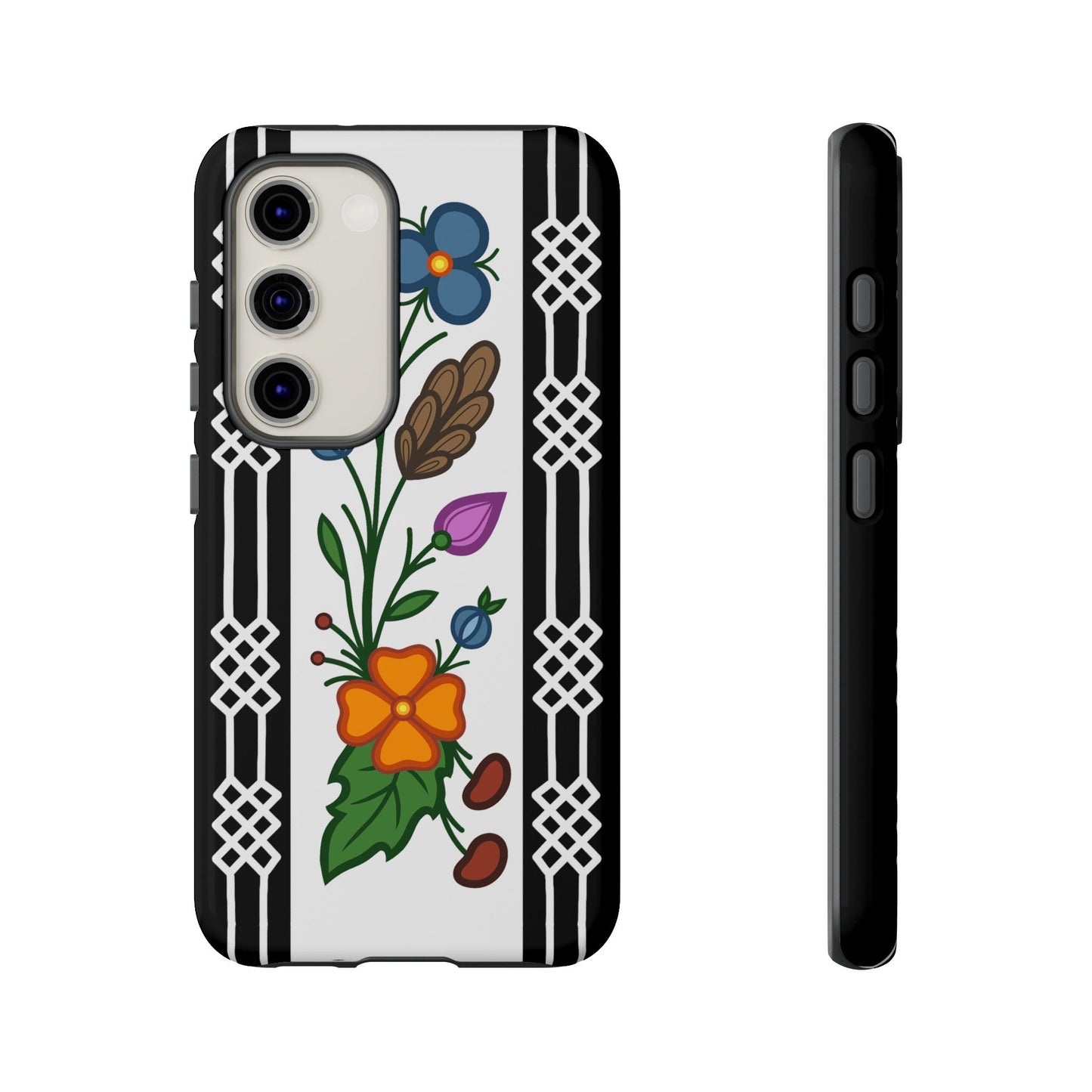 Ojibwe Floral Panel & Otter Track Geometric Border - Tough Phone Cases - Black