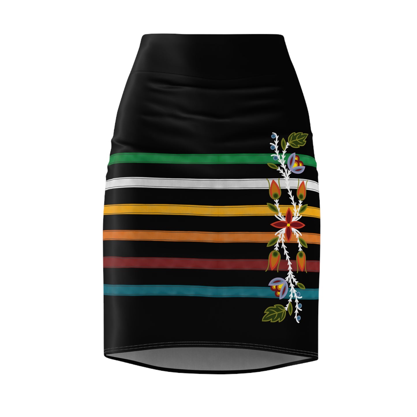 Faux Ribbon And Ojibwe Floral Appliqué Design - Women's Pencil Skirt