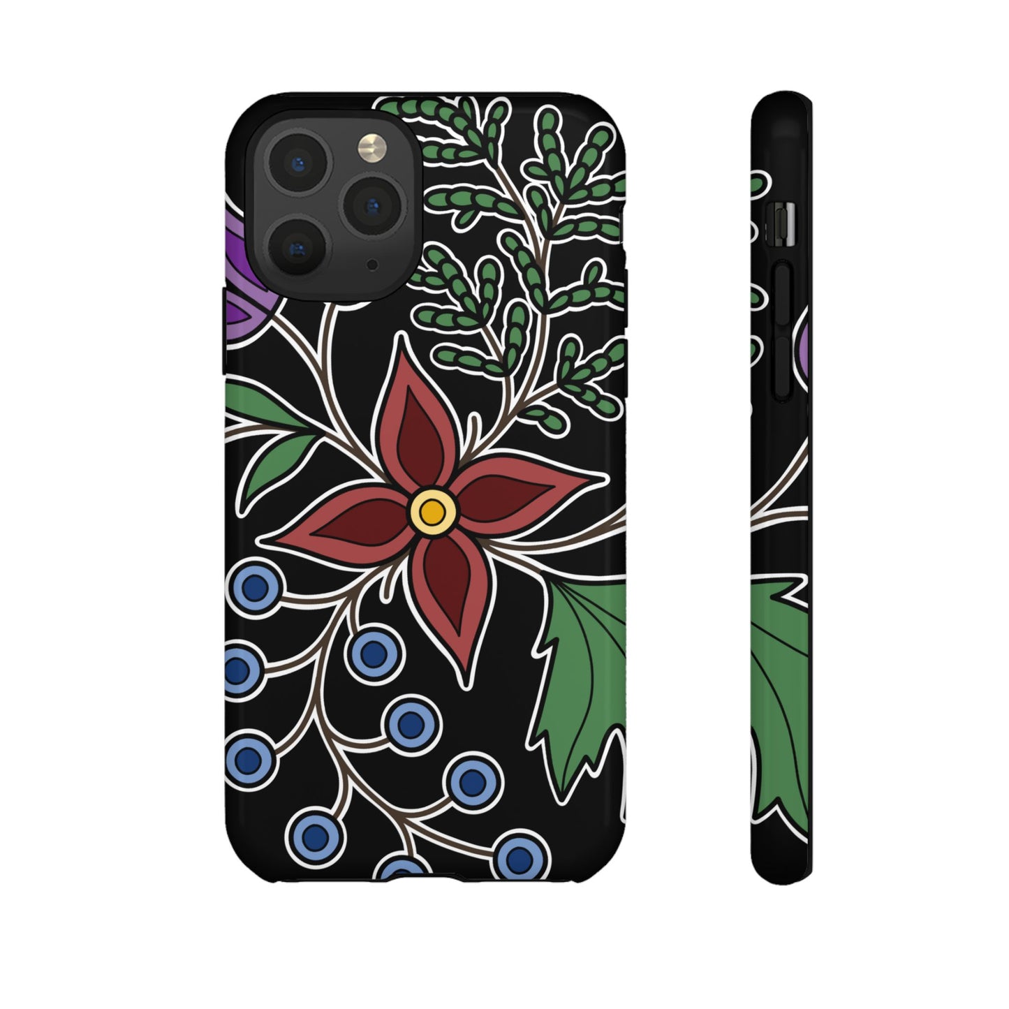 Giizhik (Cedar) & Miinan (Blueberries) Ojibwe Floral Tough Phone Cases - Black