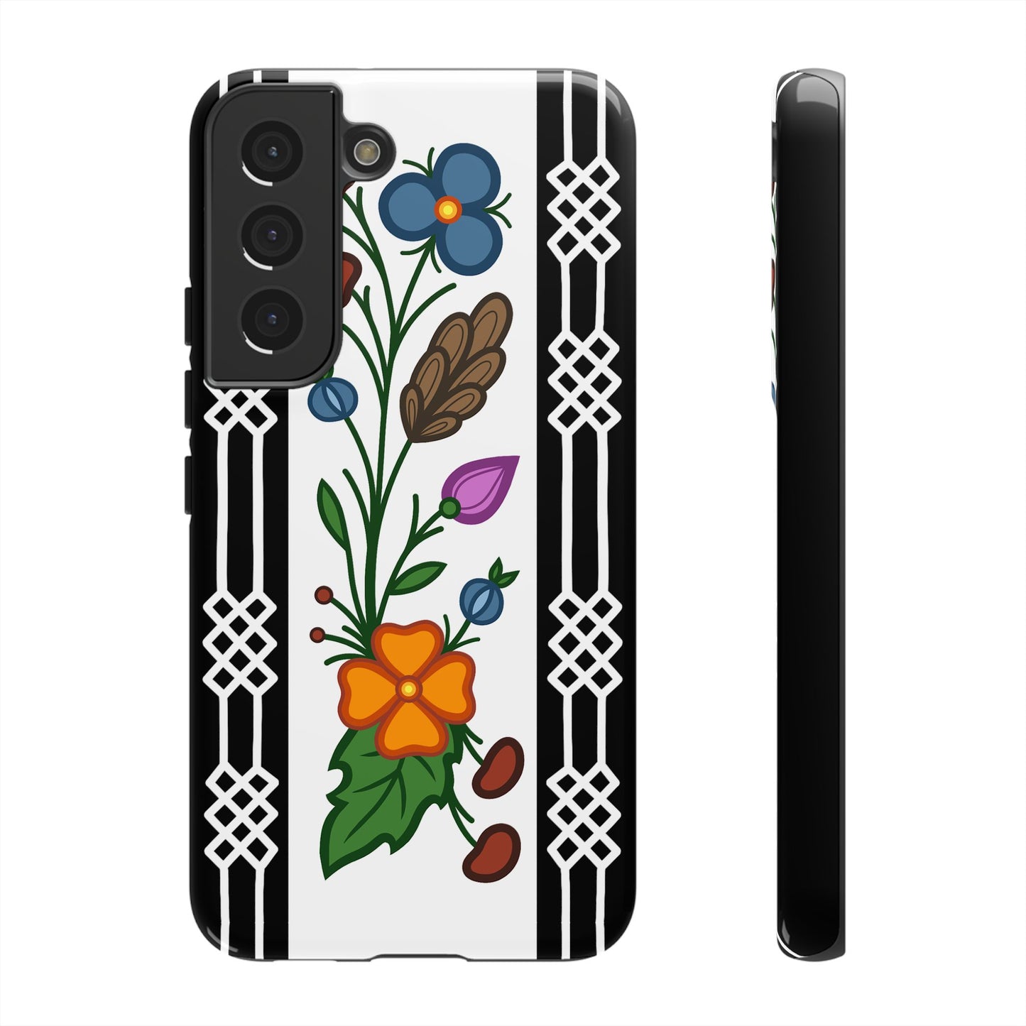 Ojibwe Floral Panel & Otter Track Geometric Border - Tough Phone Cases - Black