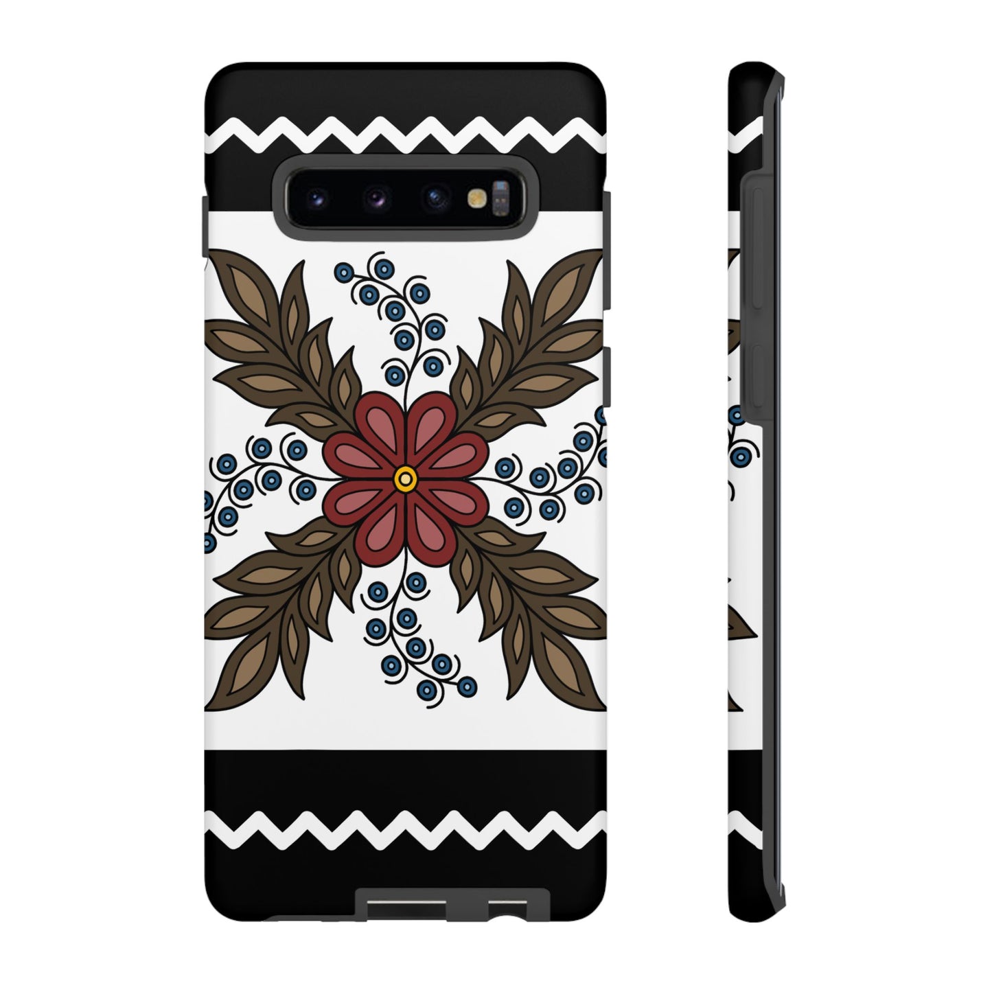 Traditional Style Ojibwe Floral Design With Zig-Zag Geometric Border Design - Tough Phone Cases - Black